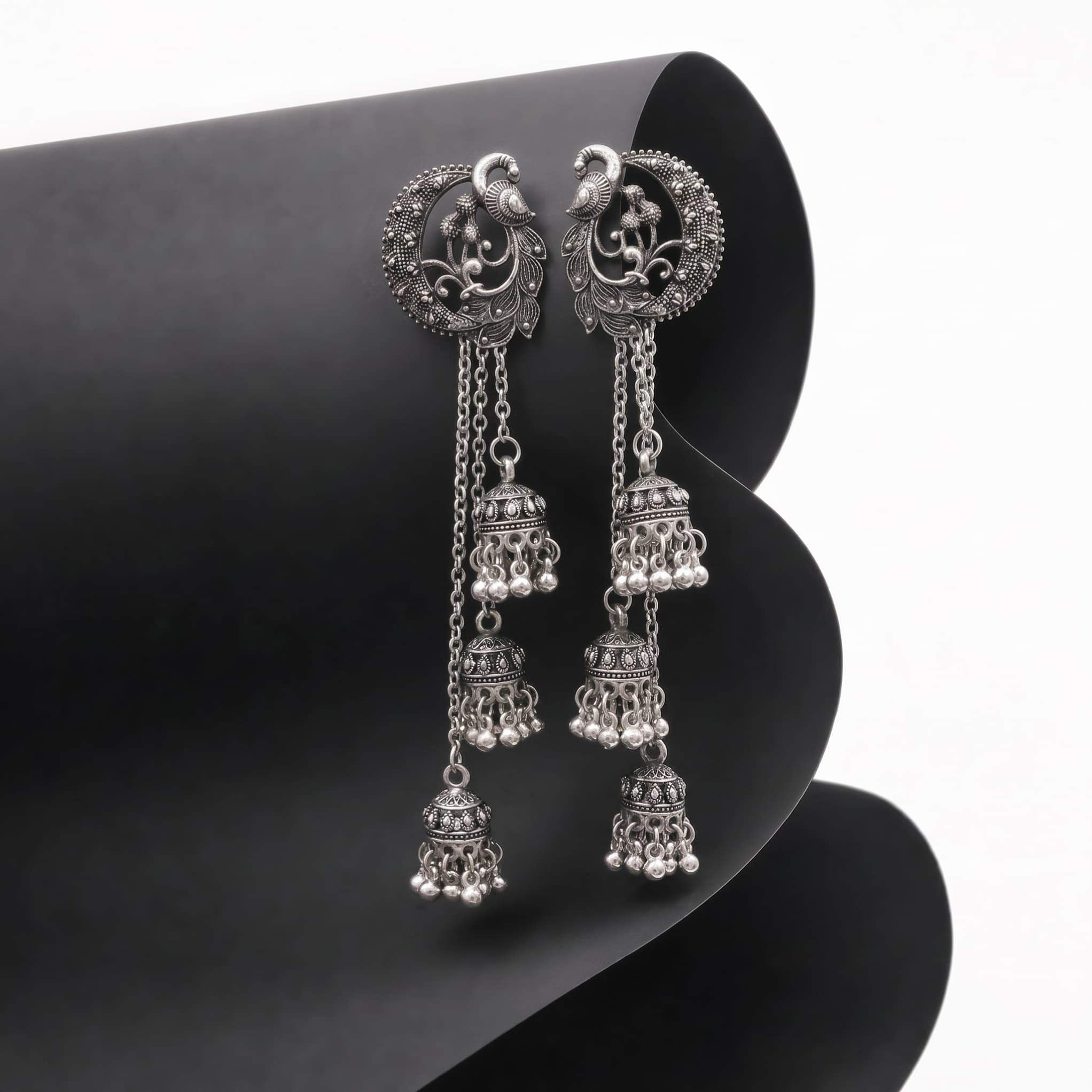 Peacock Chand Bali Multi-Jhumka Cascade Earrings – Gold & Silver