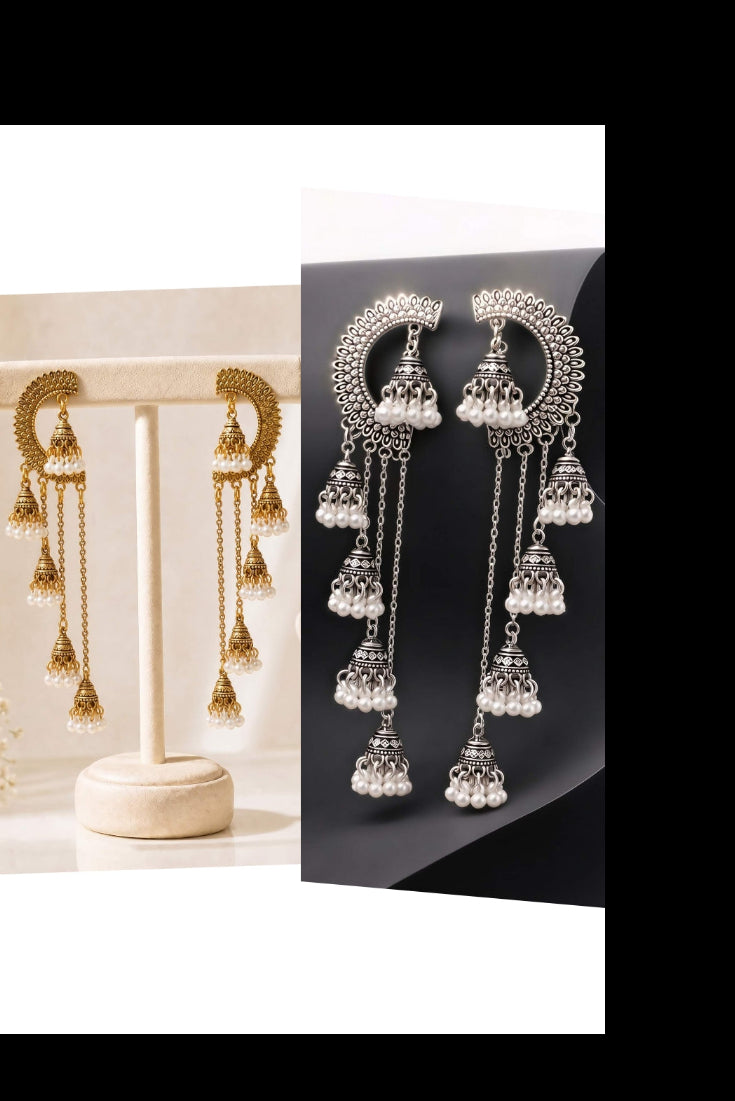 Chand Bali Multi-Jhumka Cascade Earrings – Silver & Gold