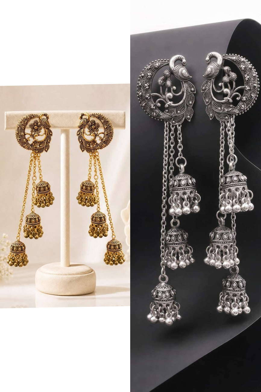 Peacock Chand Bali Multi-Jhumka Cascade Earrings – Gold & Silver