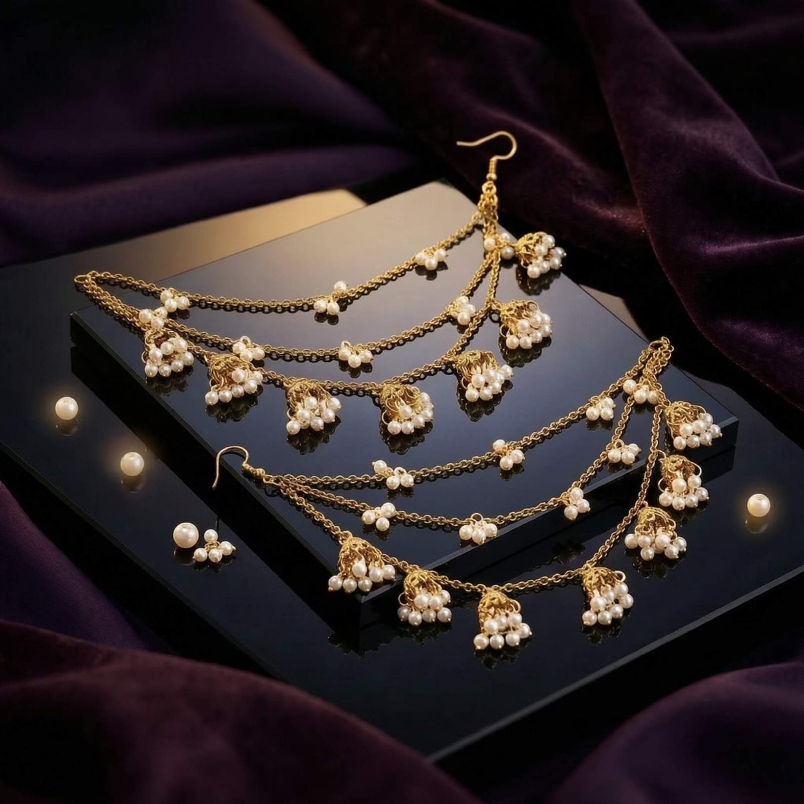 Sahara Pearl Jhumka Hair Chain Earrings – Gold & Silver