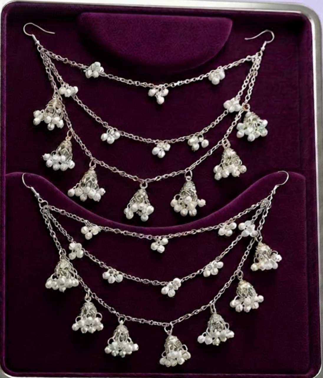 Sahara Pearl Jhumka Hair Chain Earrings – Gold & Silver