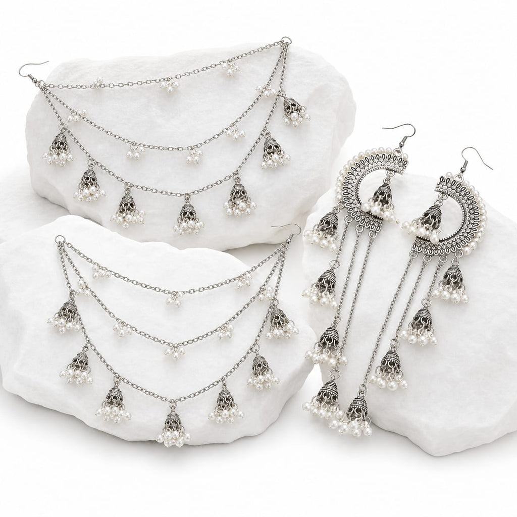 Sahara Chand Bali Pearl Jhumka Hair Chain Earrings – Gold & Silver