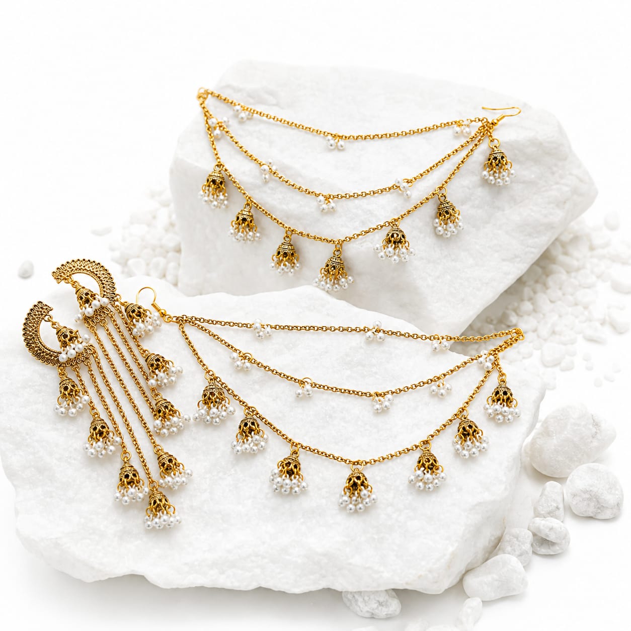 Sahara Chand Bali Pearl Jhumka Hair Chain Earrings – Gold & Silver