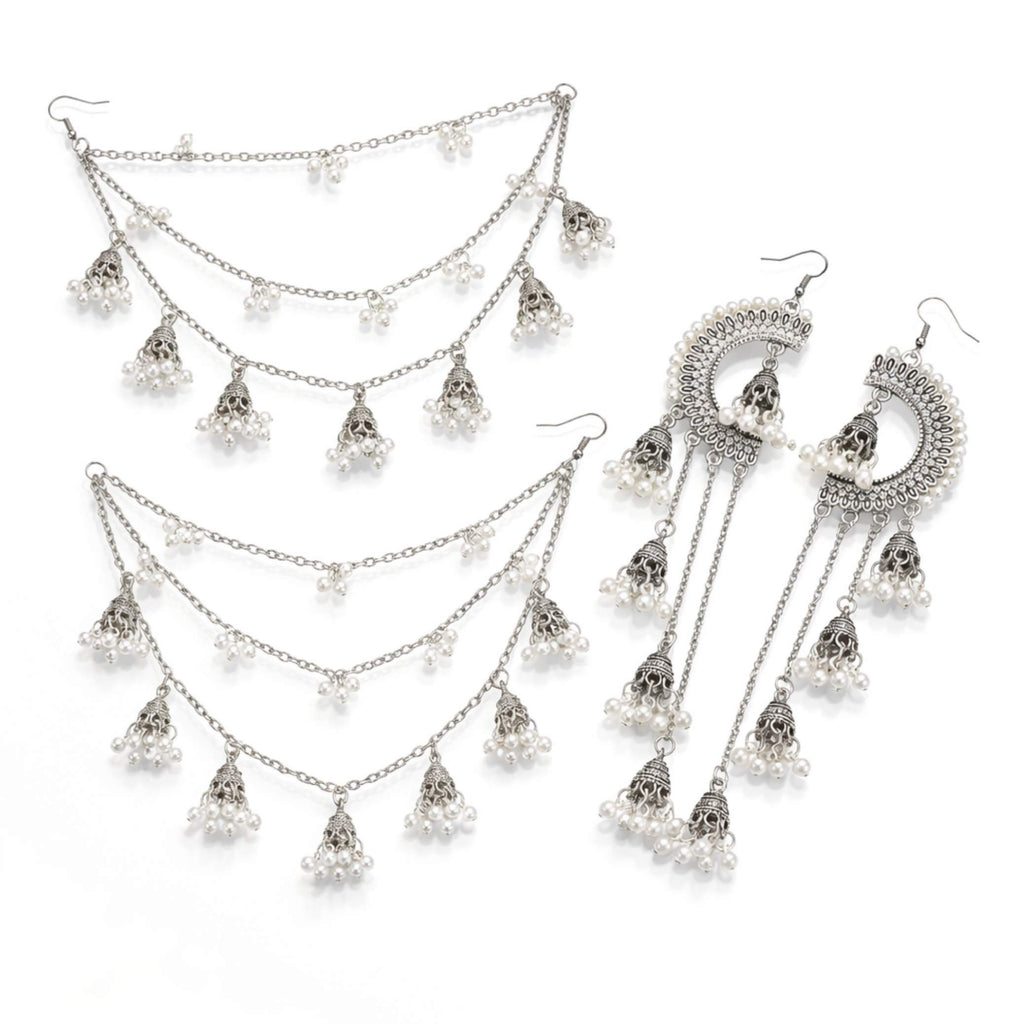 Sahara Chand Bali Pearl Jhumka Hair Chain Earrings – Gold & Silver
