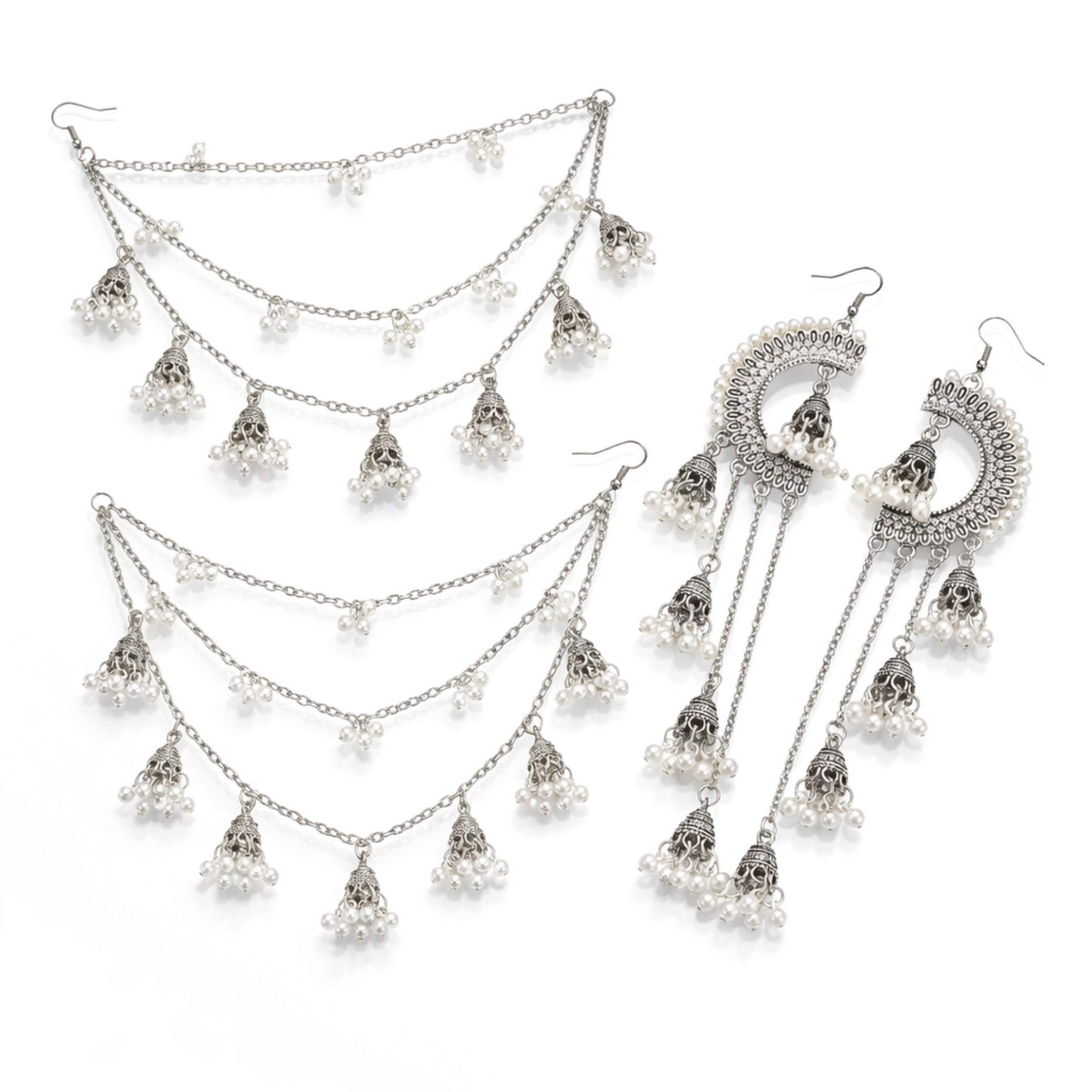 Sahara Chand Bali Pearl Jhumka Hair Chain Earrings – Gold & Silver