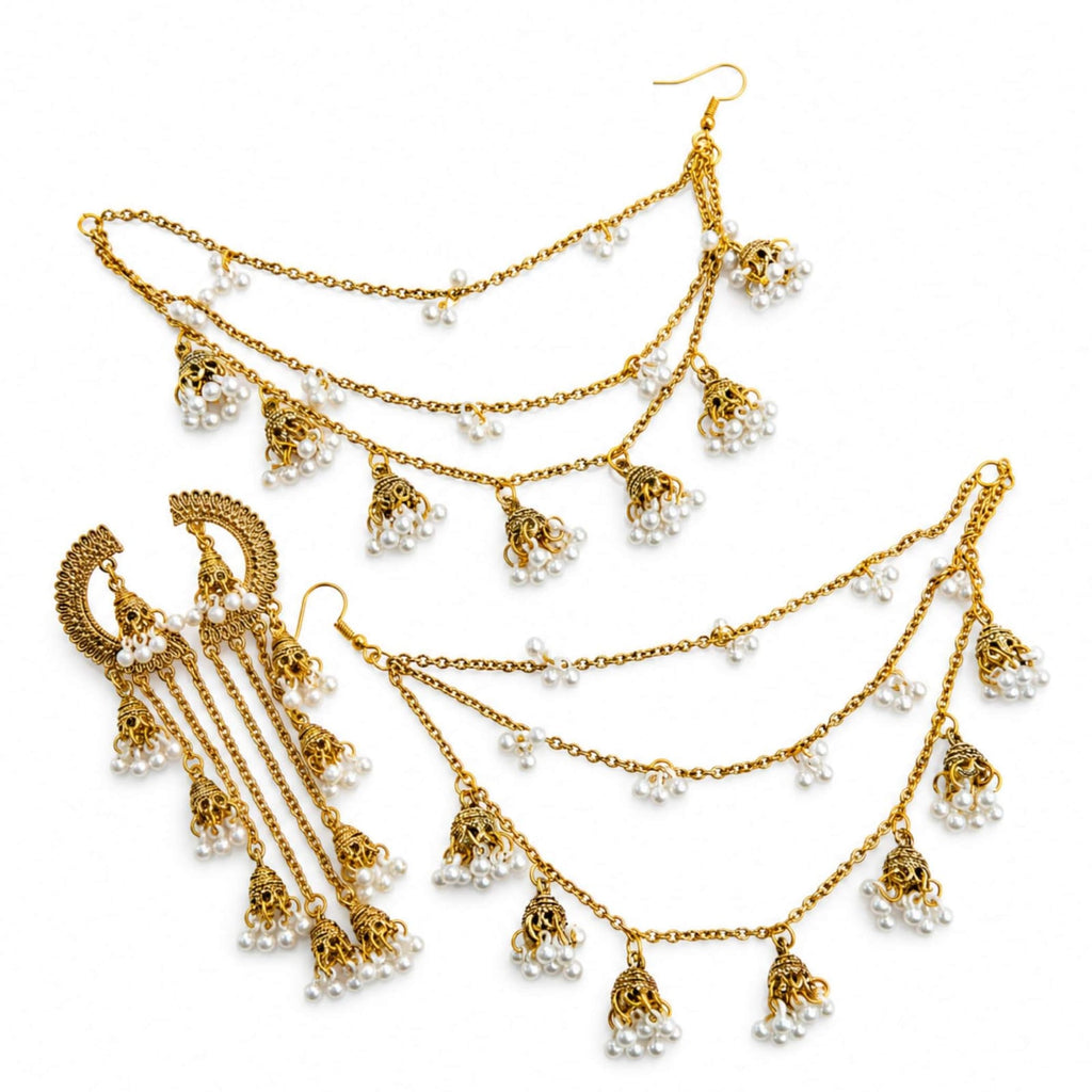 Sahara Chand Bali Pearl Jhumka Hair Chain Earrings – Gold & Silver
