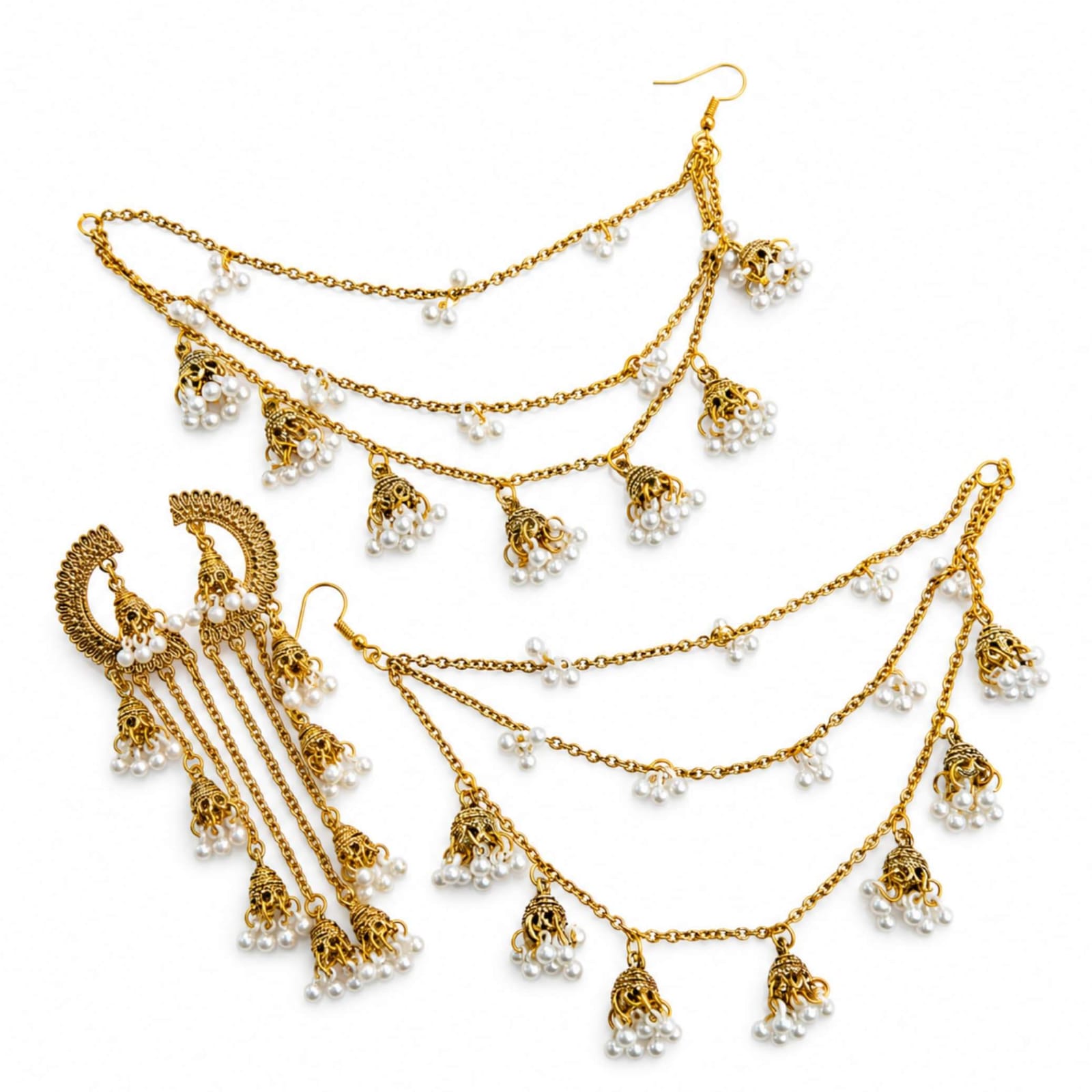 Sahara Chand Bali Pearl Jhumka Hair Chain Earrings – Gold & Silver