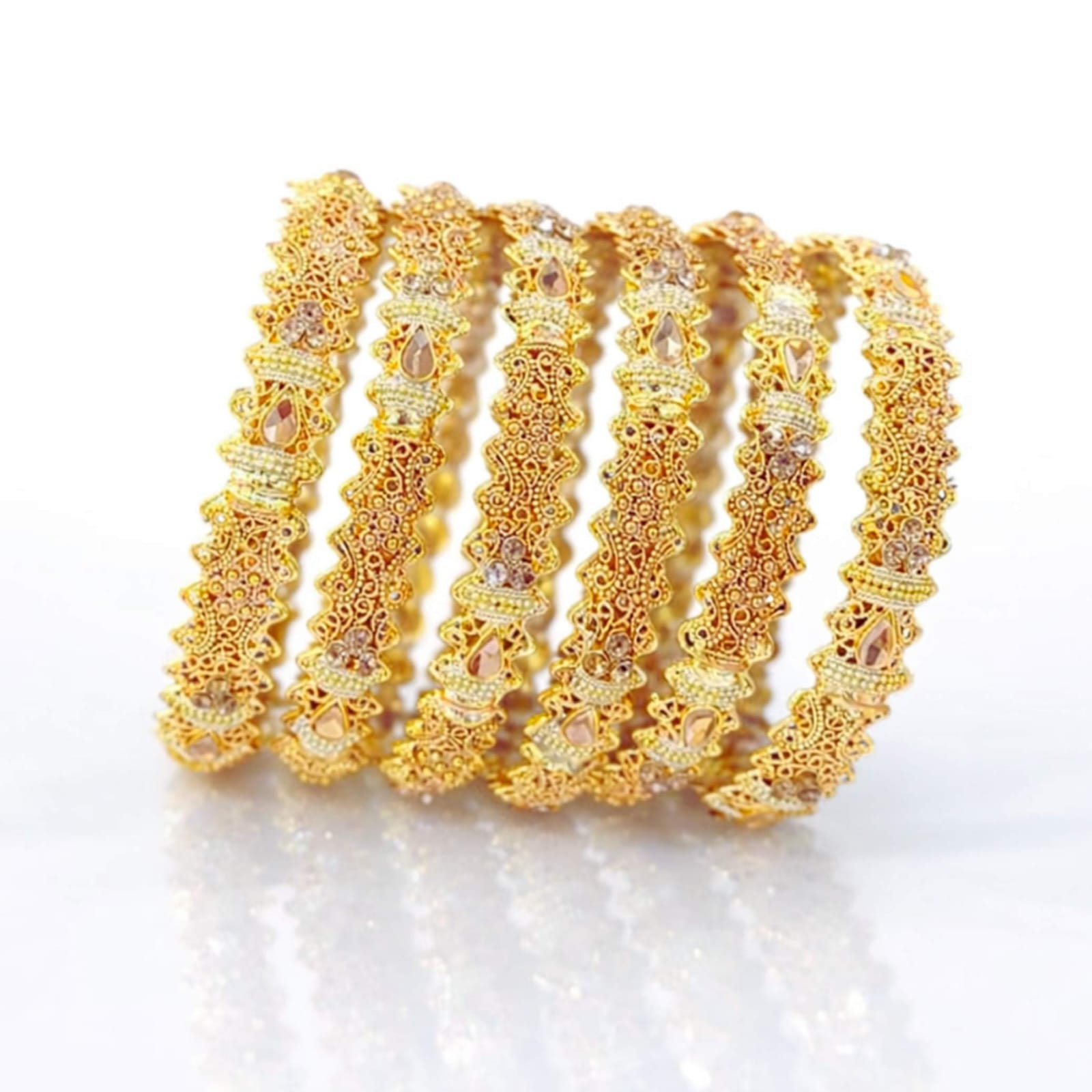 Gold Crown Filigree Champagne Teardrop Crystal Bangle Set – Set of 6