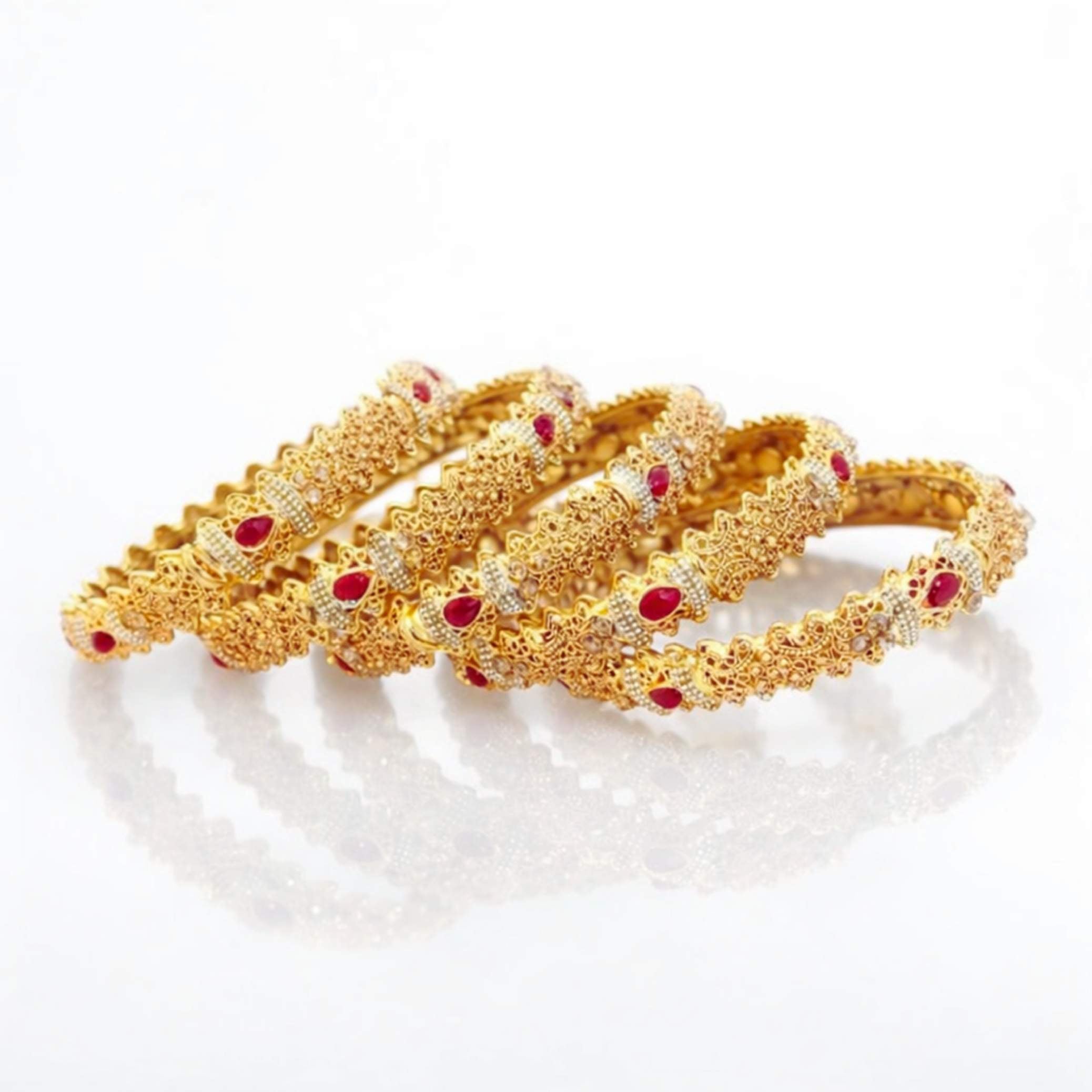 Gold Kundan Ruby Teardrop & Pearl Bangle Set – Set of 4