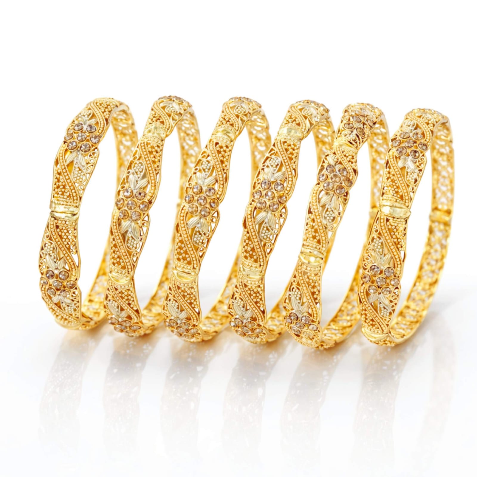 Gold Floral Filigree Champagne Crystal Bangle Set – Set of 6