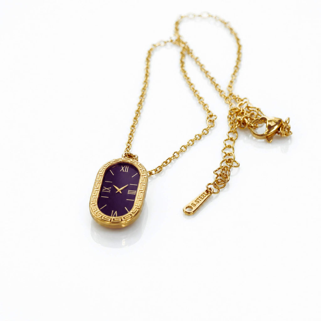 Gold Clock Pendant Necklace – Black Dial with Roman Numerals