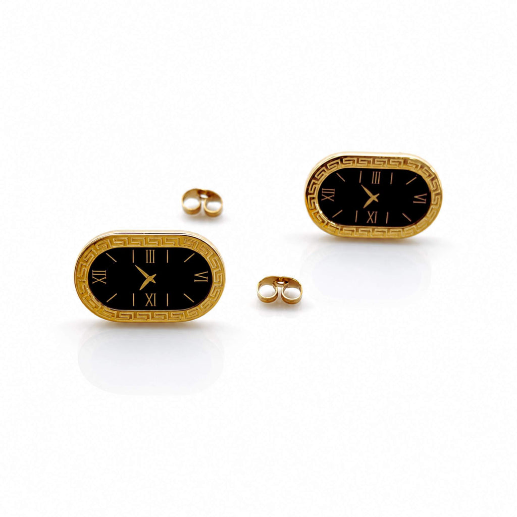 Gold Clock Stud Earrings – Black Dial with Roman Numerals