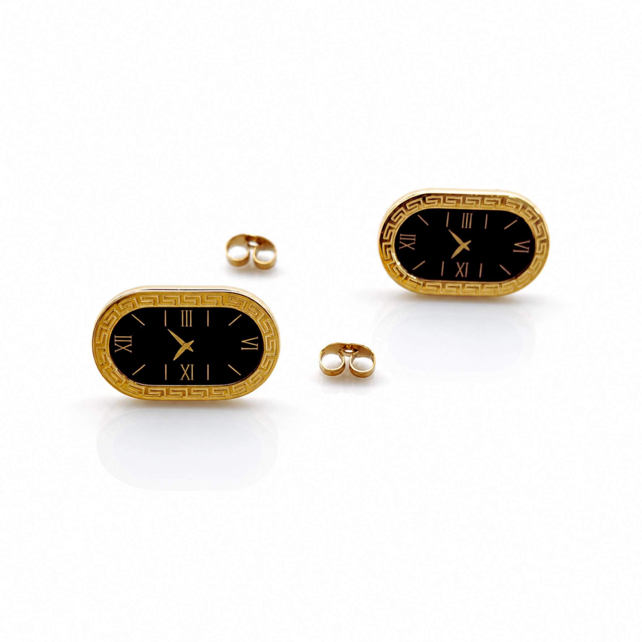 Gold Clock Stud Earrings – Black Dial with Roman Numerals