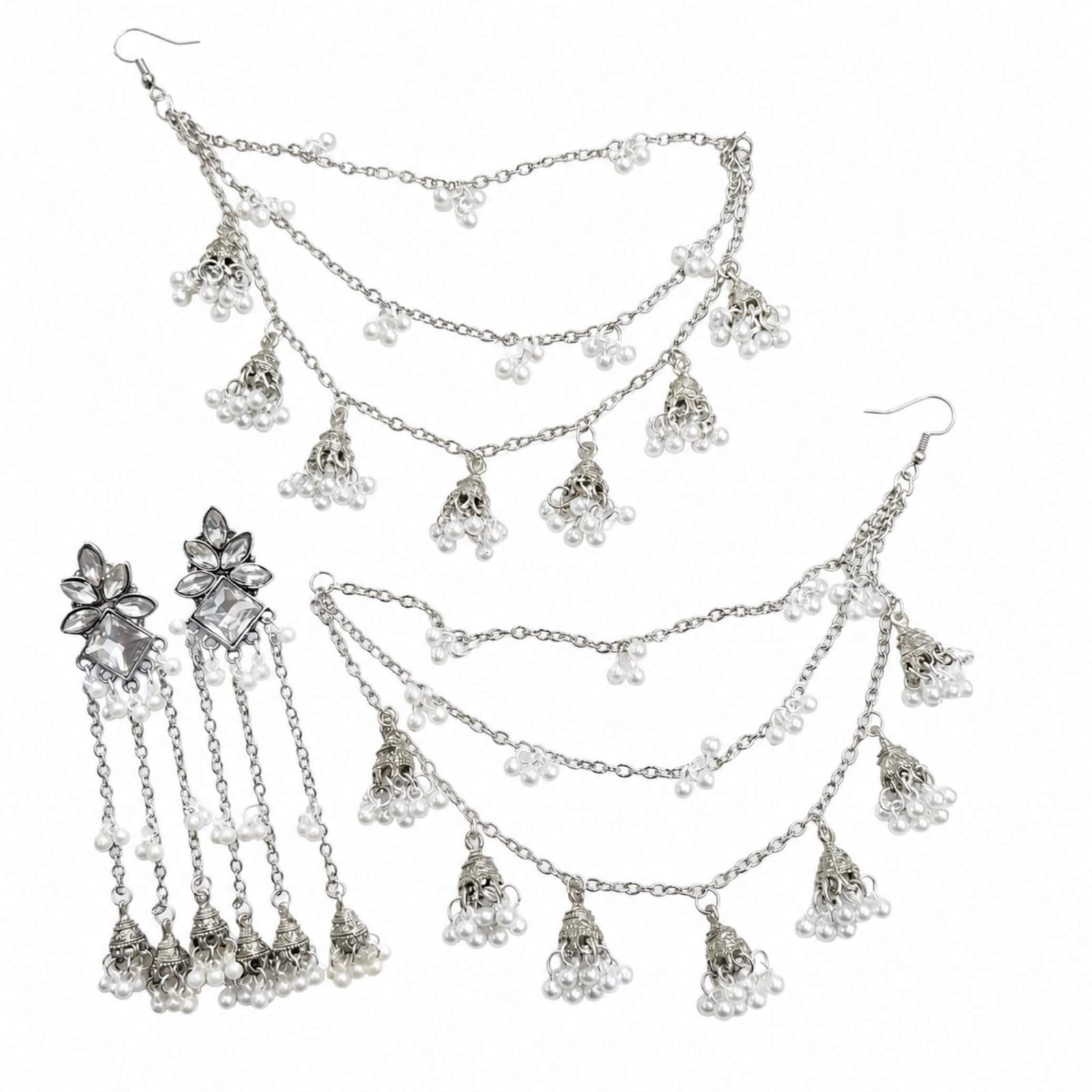 Silver Sahara Jhumka Hair Chain & Crystal Flower Earring Set – Black & White