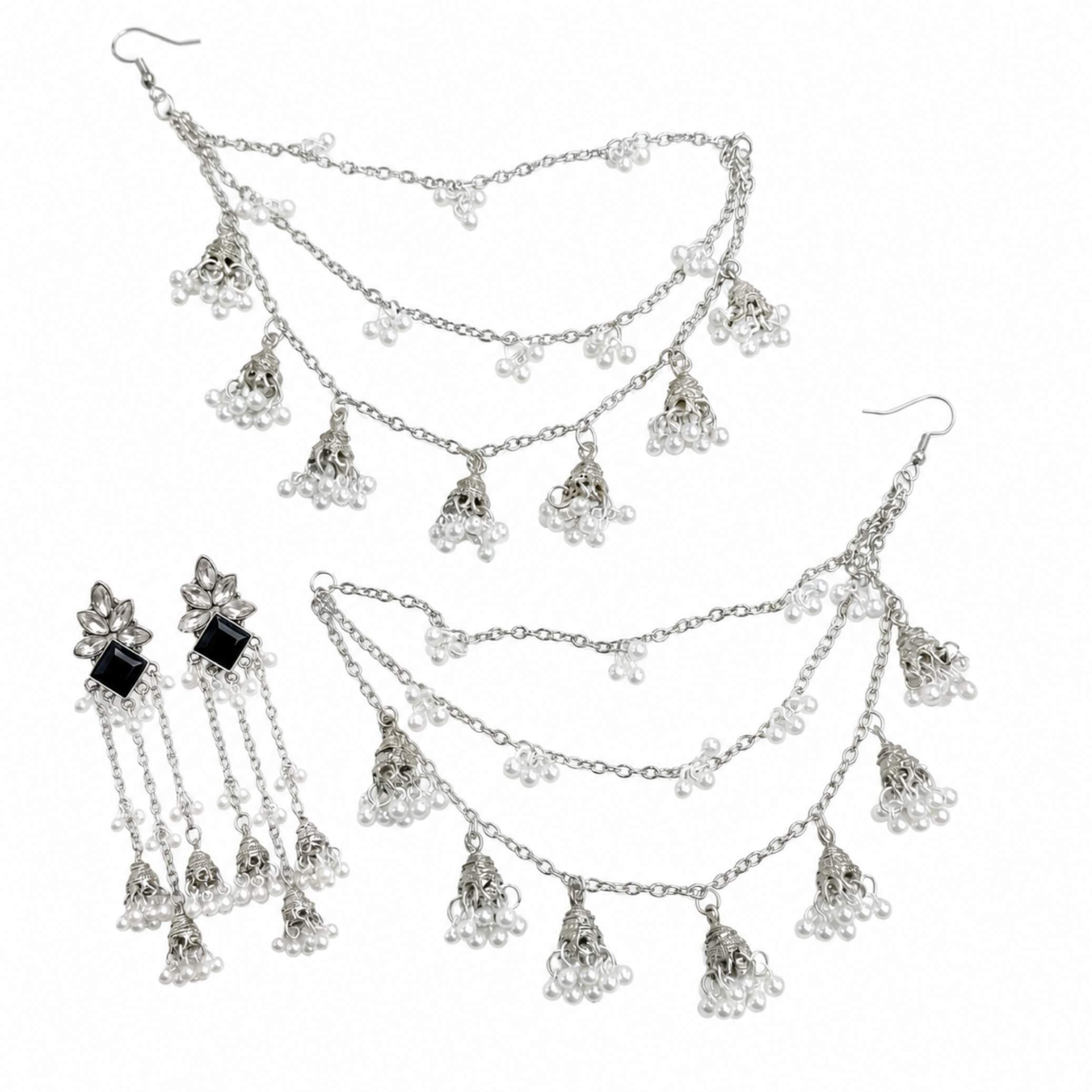 Silver Sahara Jhumka Hair Chain & Crystal Flower Earring Set – Black & White