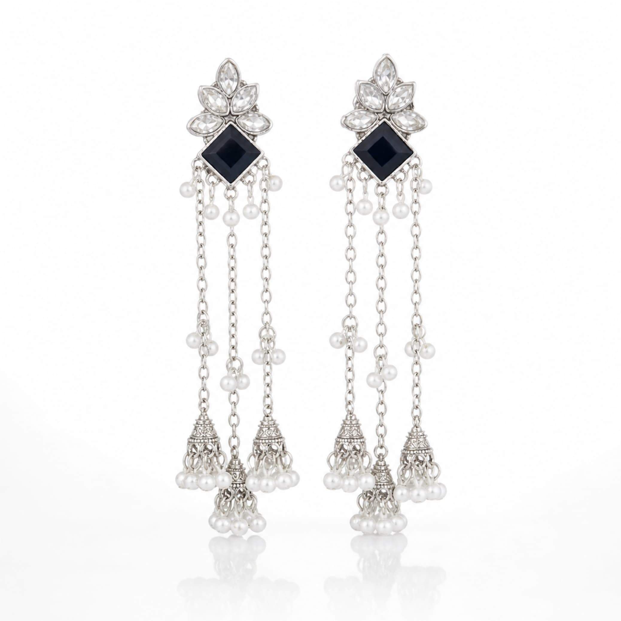 Silver Crystal Lotus Chain Jhumka Drop Earrings – White & Black