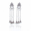 Silver Crystal Lotus Chain Jhumka Drop Earrings – White & Black