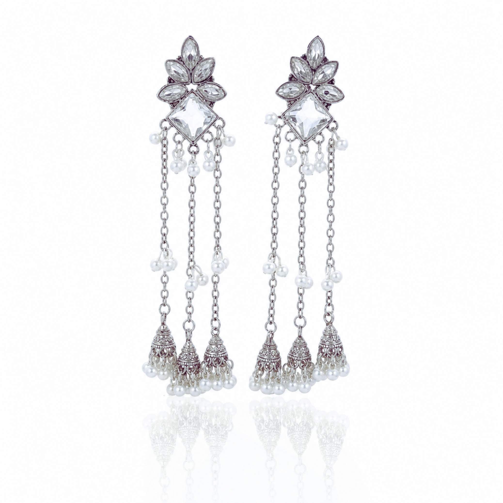 Silver Crystal Lotus Chain Jhumka Drop Earrings – White & Black