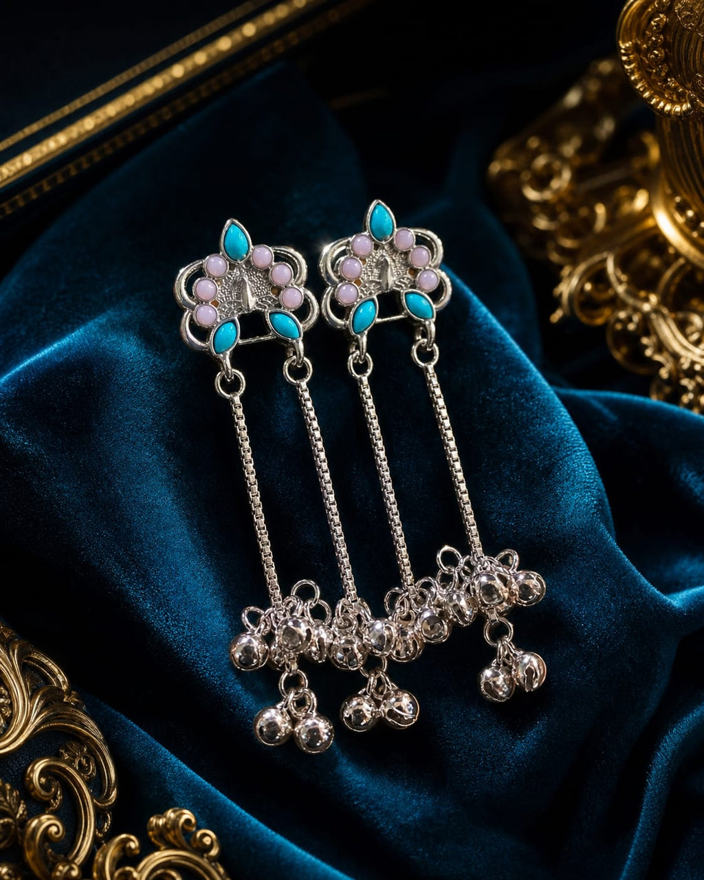 Silver Enamel Floral Ghungroo Chain Drop Earrings