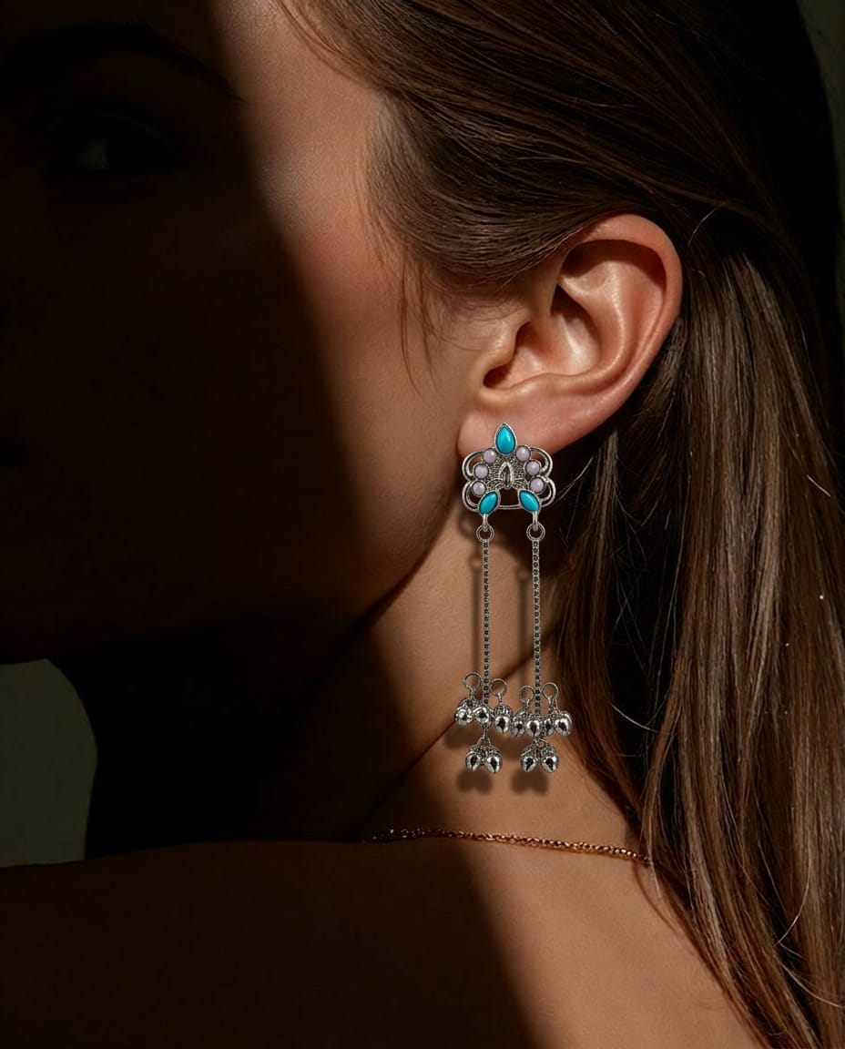 Silver Enamel Floral Ghungroo Chain Drop Earrings