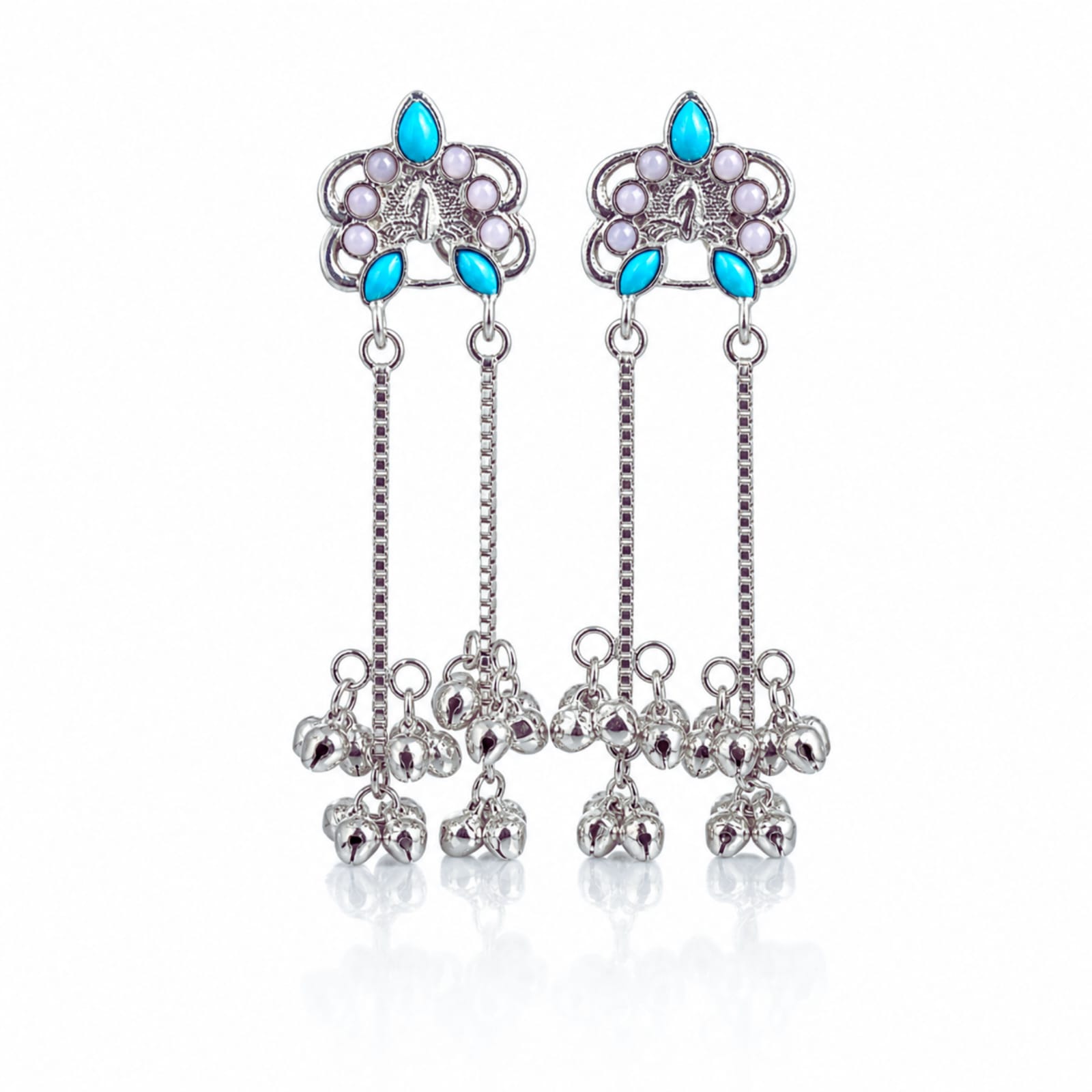 Silver Enamel Floral Ghungroo Chain Drop Earrings