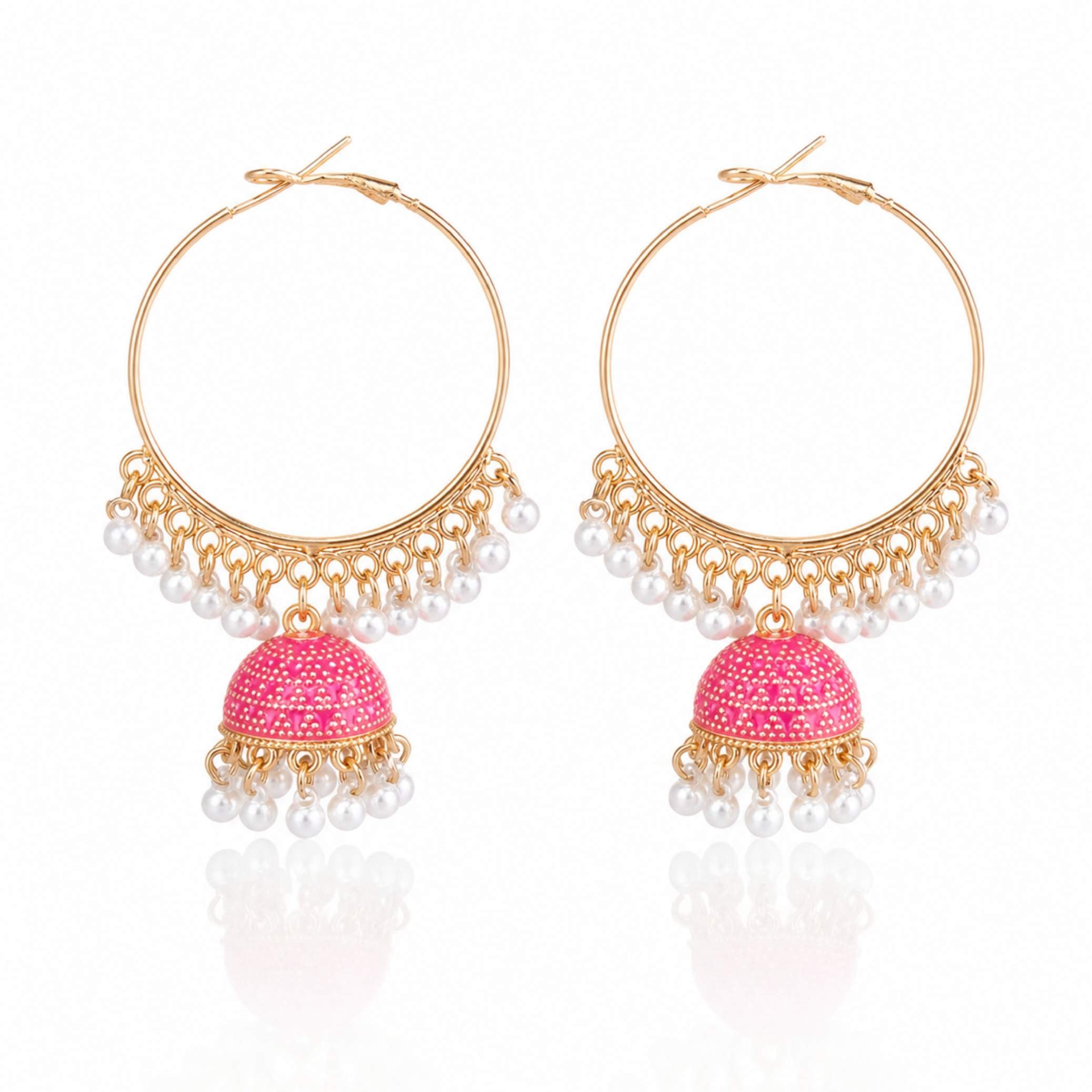 Gold Hoop Enamel Jhumka Earrings with Pearl Drops – Multiple Colours