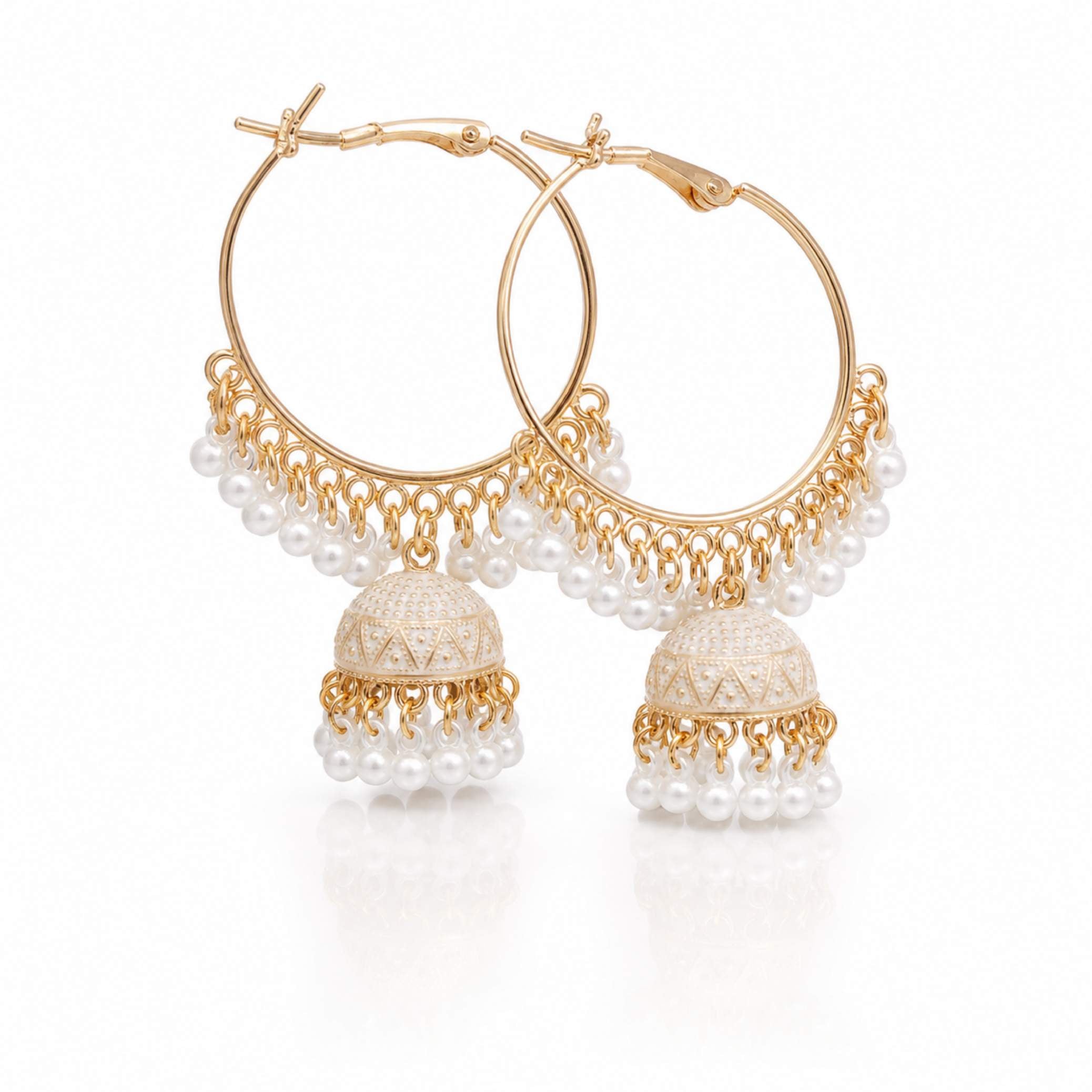 Gold Hoop Enamel Jhumka Earrings with Pearl Drops – Multiple Colours