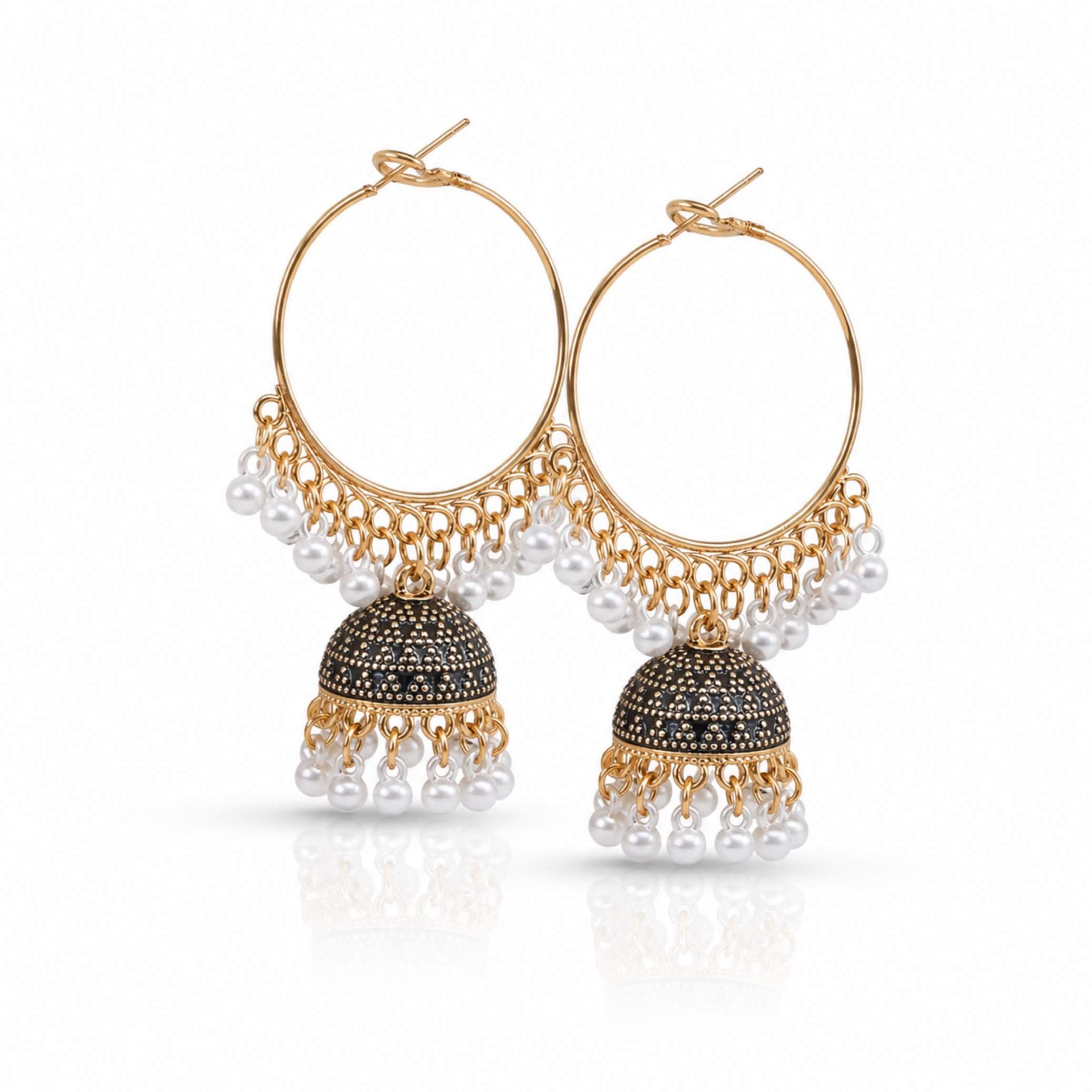 Gold Hoop Enamel Jhumka Earrings with Pearl Drops – Multiple Colours