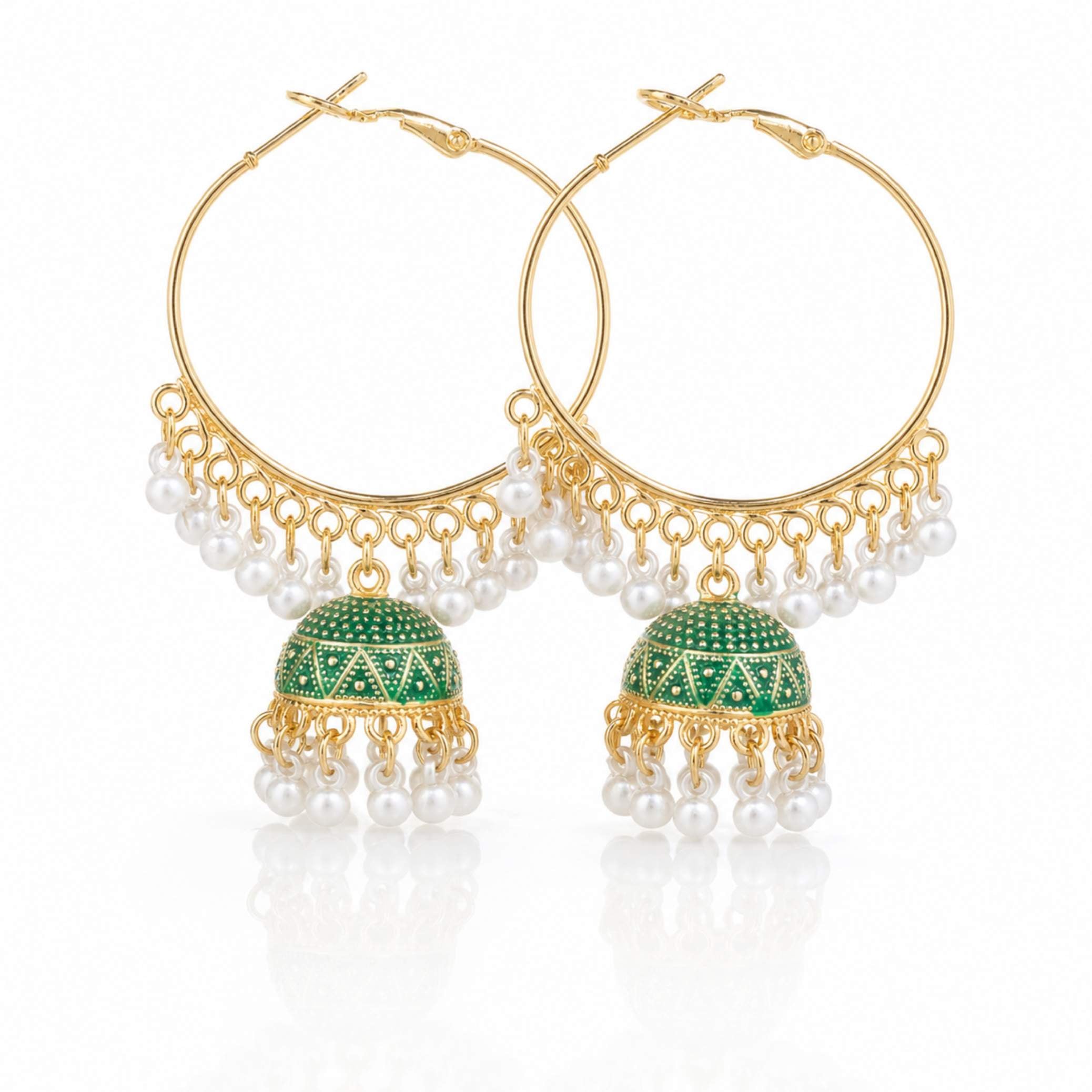 Gold Hoop Triangle Enamel Jhumka Earrings with Pearl Drops – Multiple Colours
