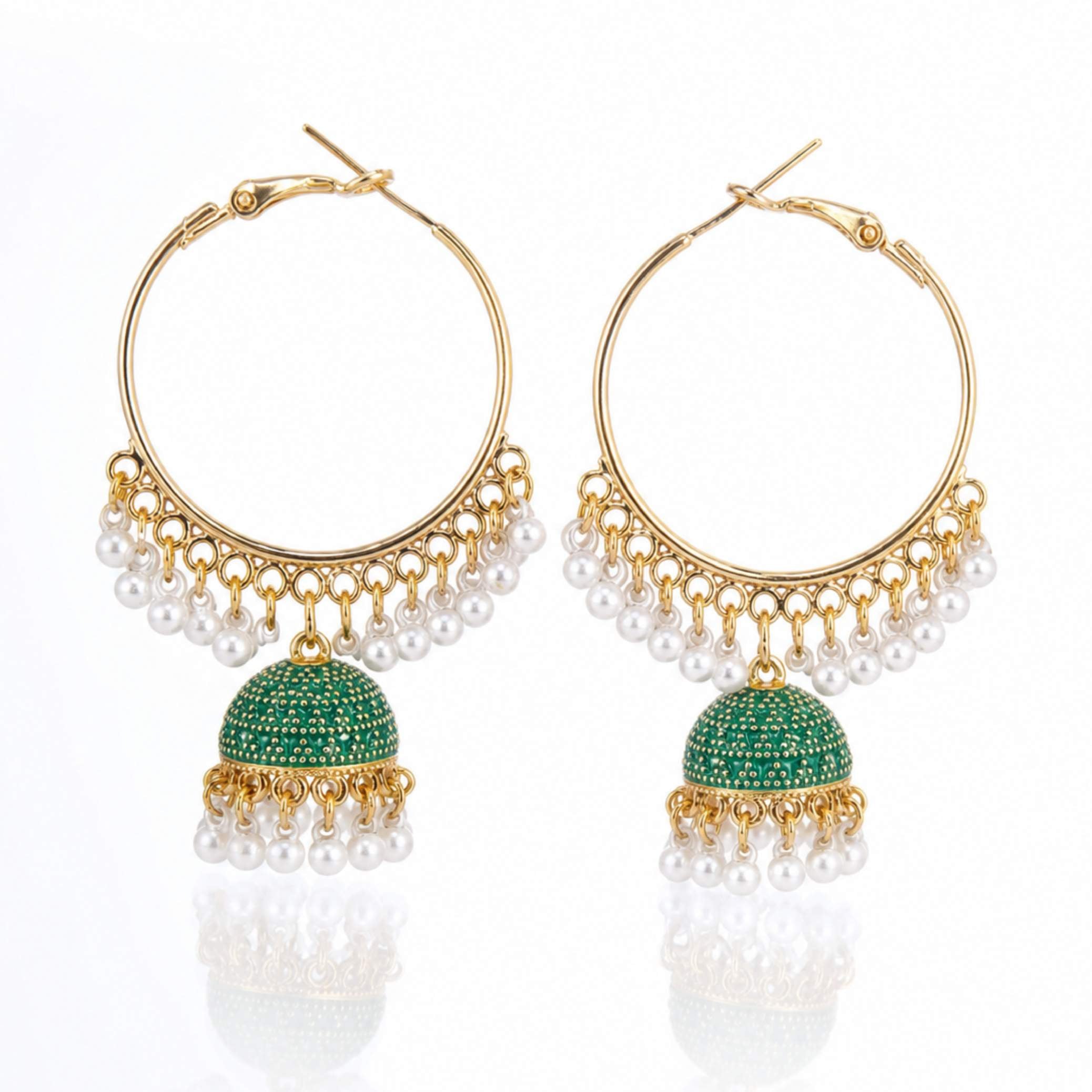 Gold Hoop Enamel Jhumka Earrings with Pearl Drops – Multiple Colours