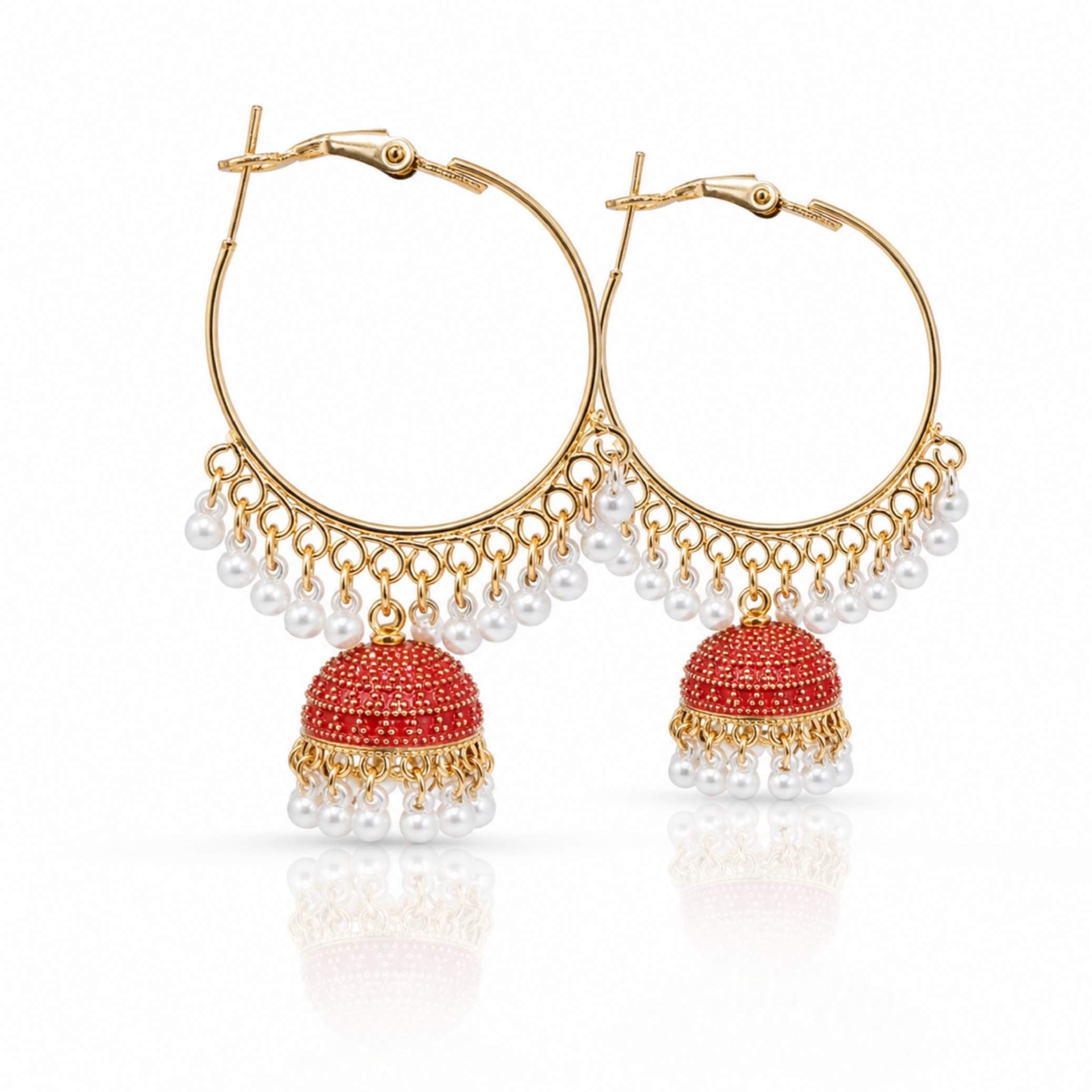 Gold Hoop Enamel Jhumka Earrings with Pearl Drops – Multiple Colours