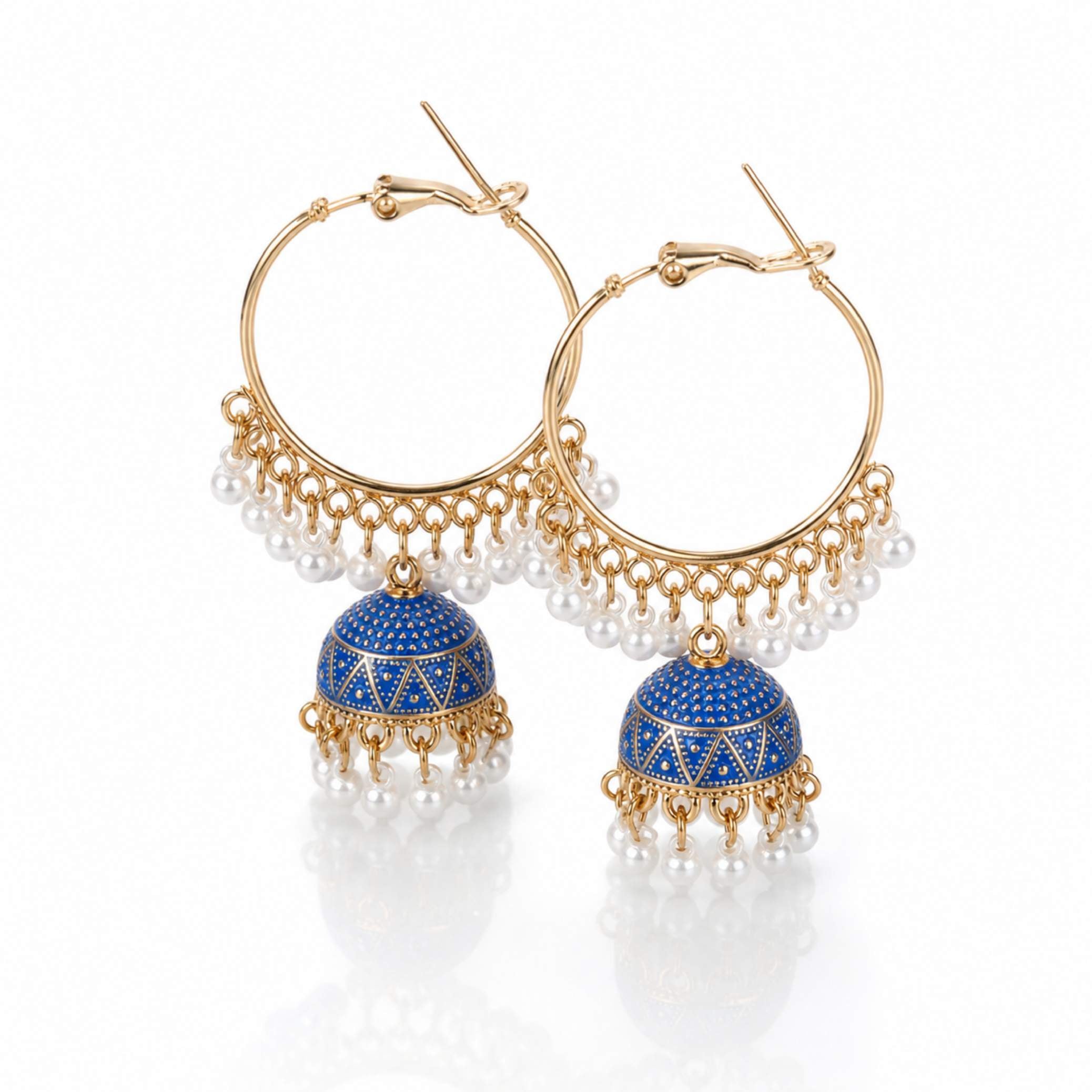 Gold Hoop Triangle Enamel Jhumka Earrings with Pearl Drops – Multiple Colours