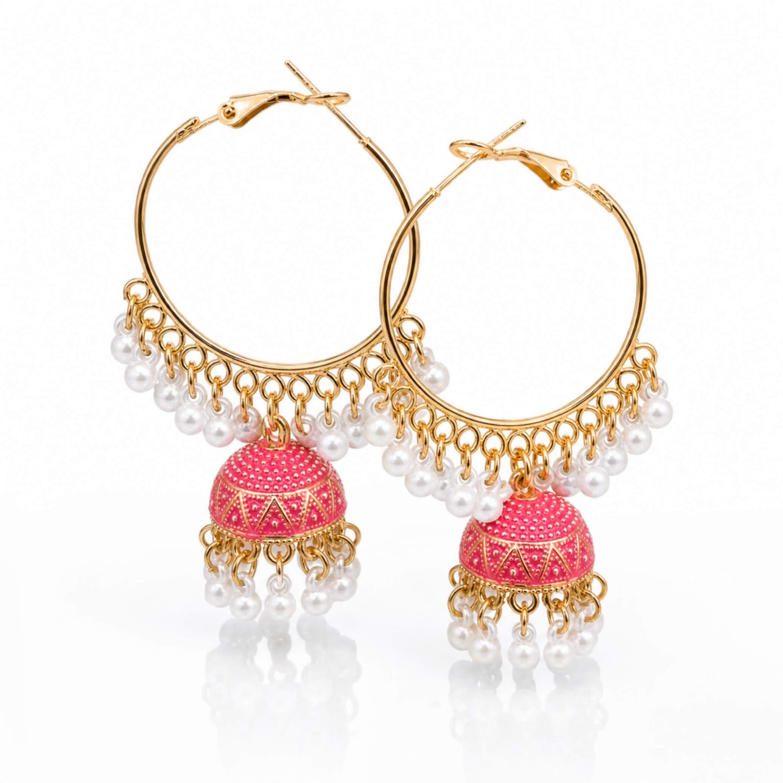 Gold Hoop Triangle Enamel Jhumka Earrings with Pearl Drops – Multiple Colours