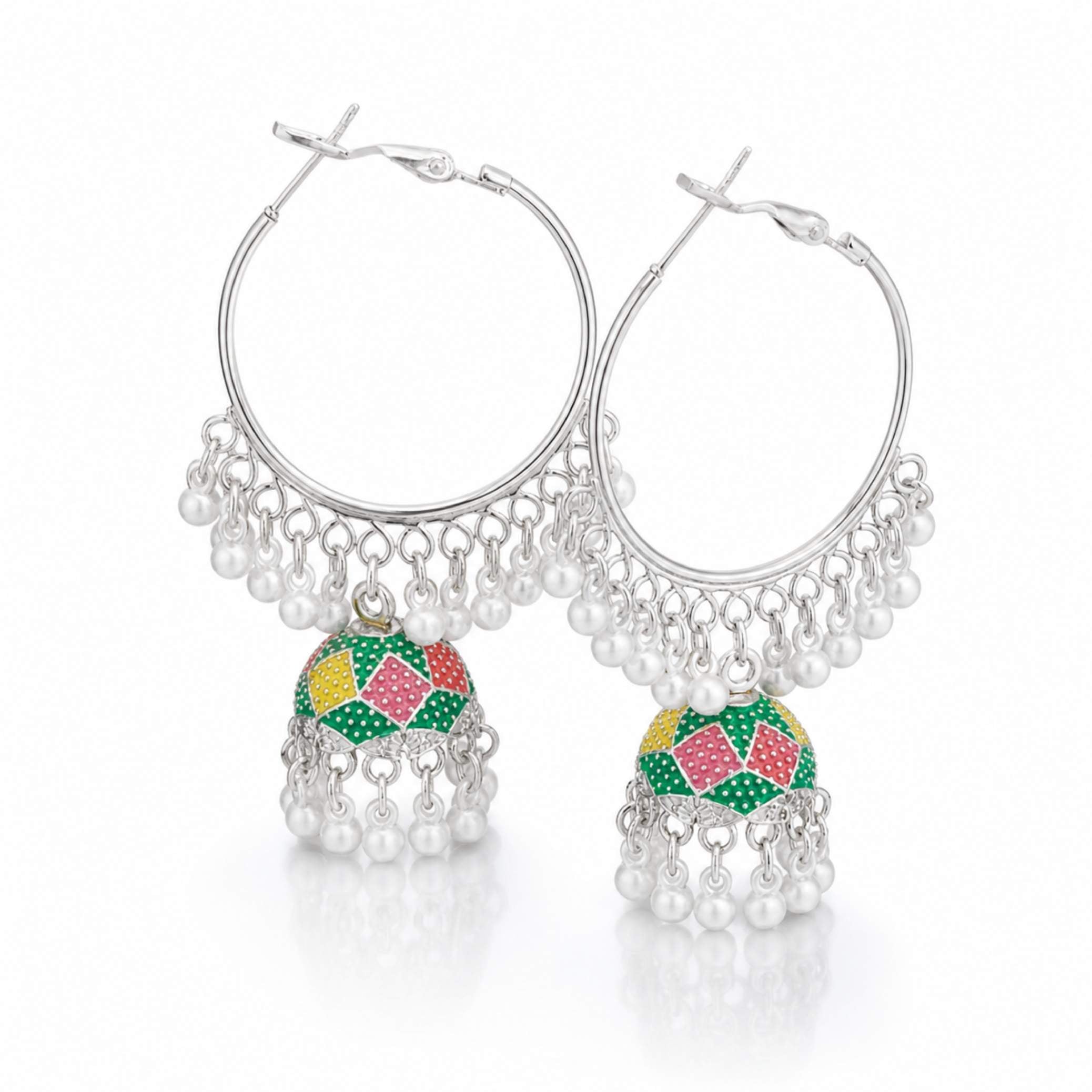 Multicolour Enamel Diamond Tile Jhumka Hoop Earrings with Pearl Drops – Silver & Gold
