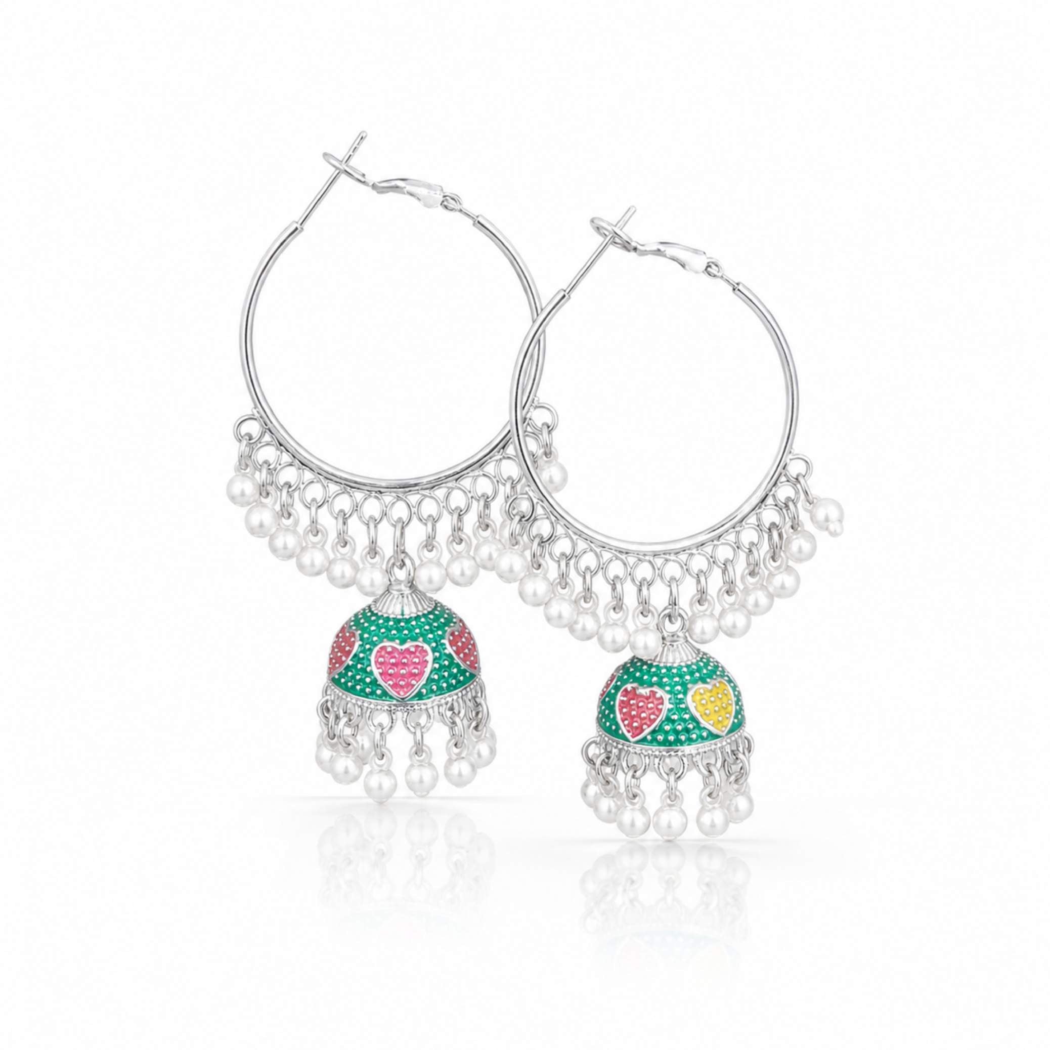 Enamel Heart Jhumka Hoop Earrings with Pearl Drops – Silver & Gold