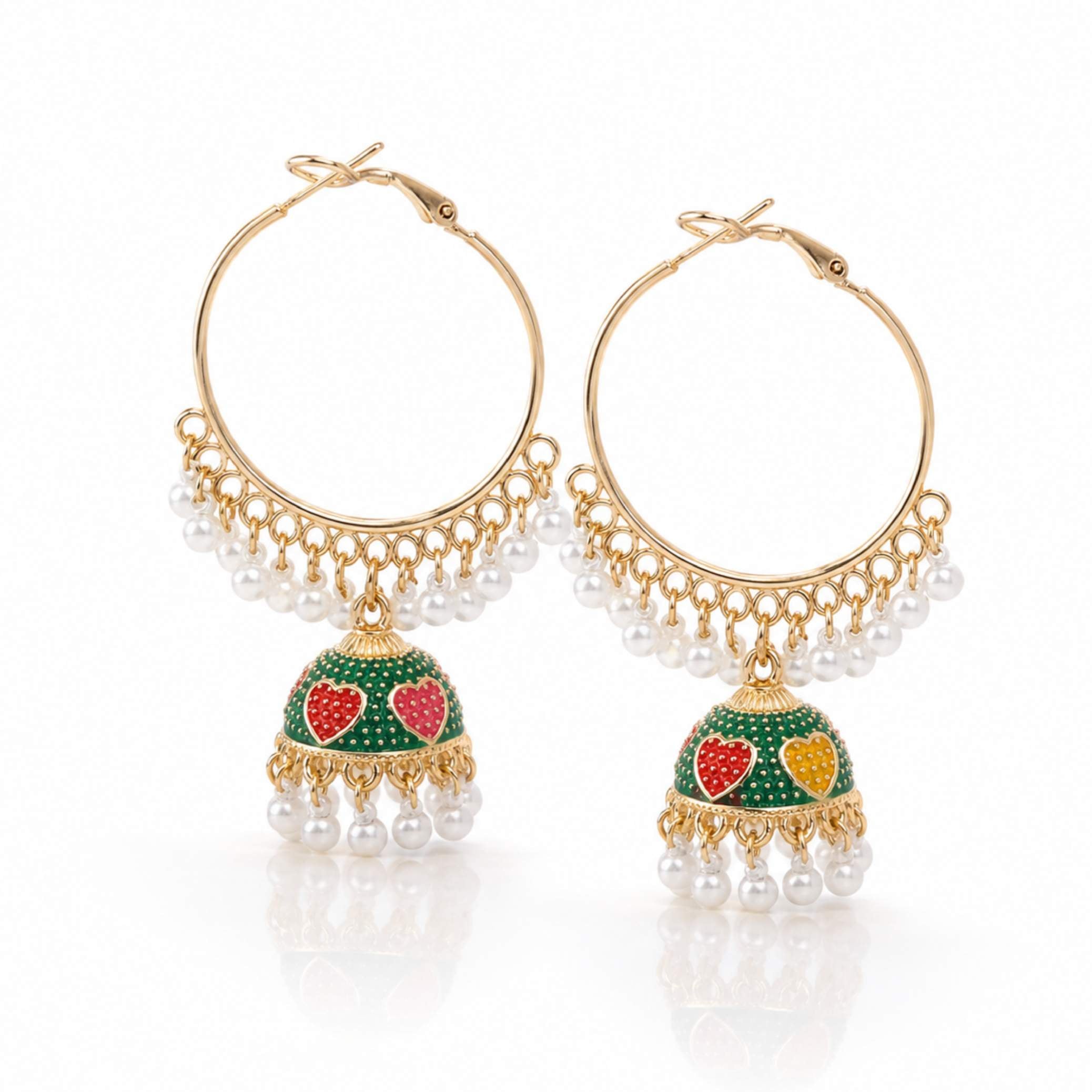 Enamel Heart Jhumka Hoop Earrings with Pearl Drops – Silver & Gold