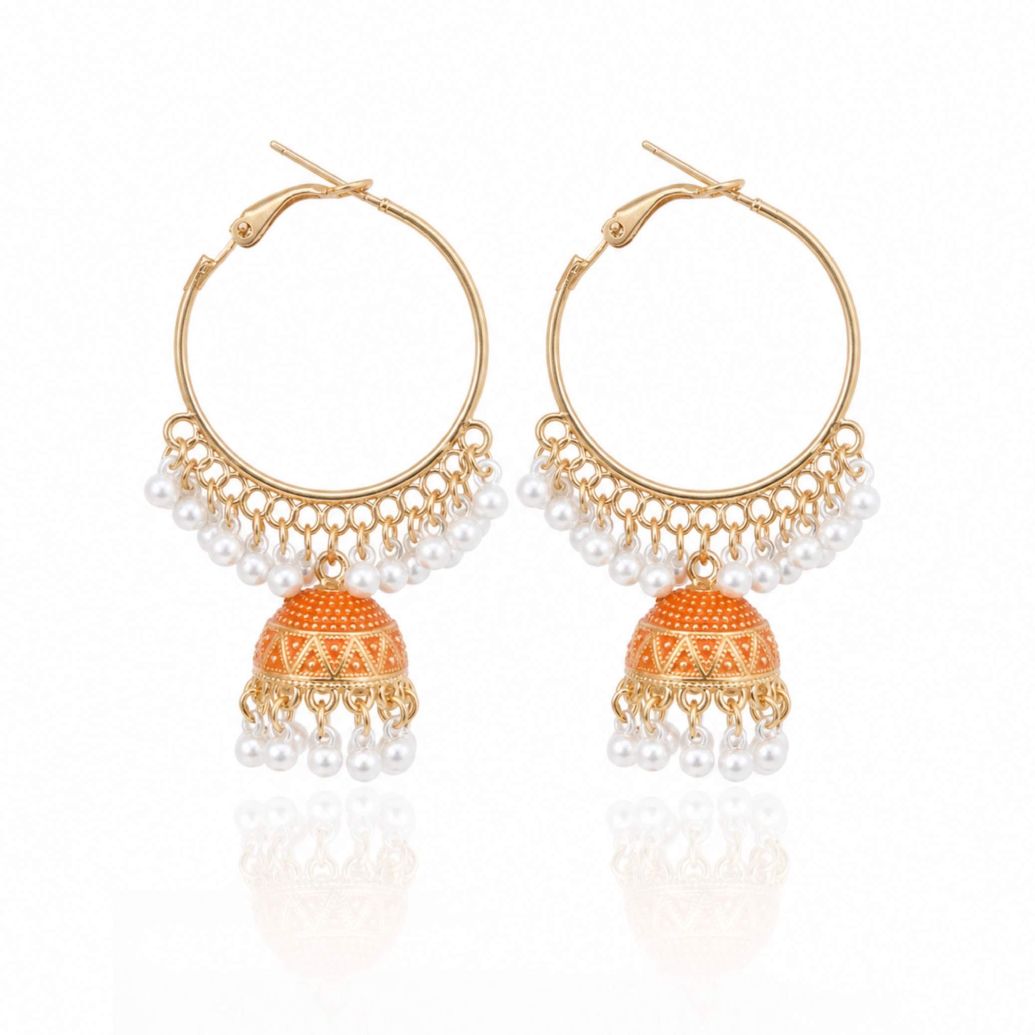 Gold Hoop Triangle Enamel Jhumka Earrings with Pearl Drops – Multiple Colours