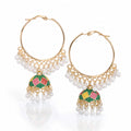 Multicolour Enamel Diamond Tile Jhumka Hoop Earrings with Pearl Drops – Silver & Gold