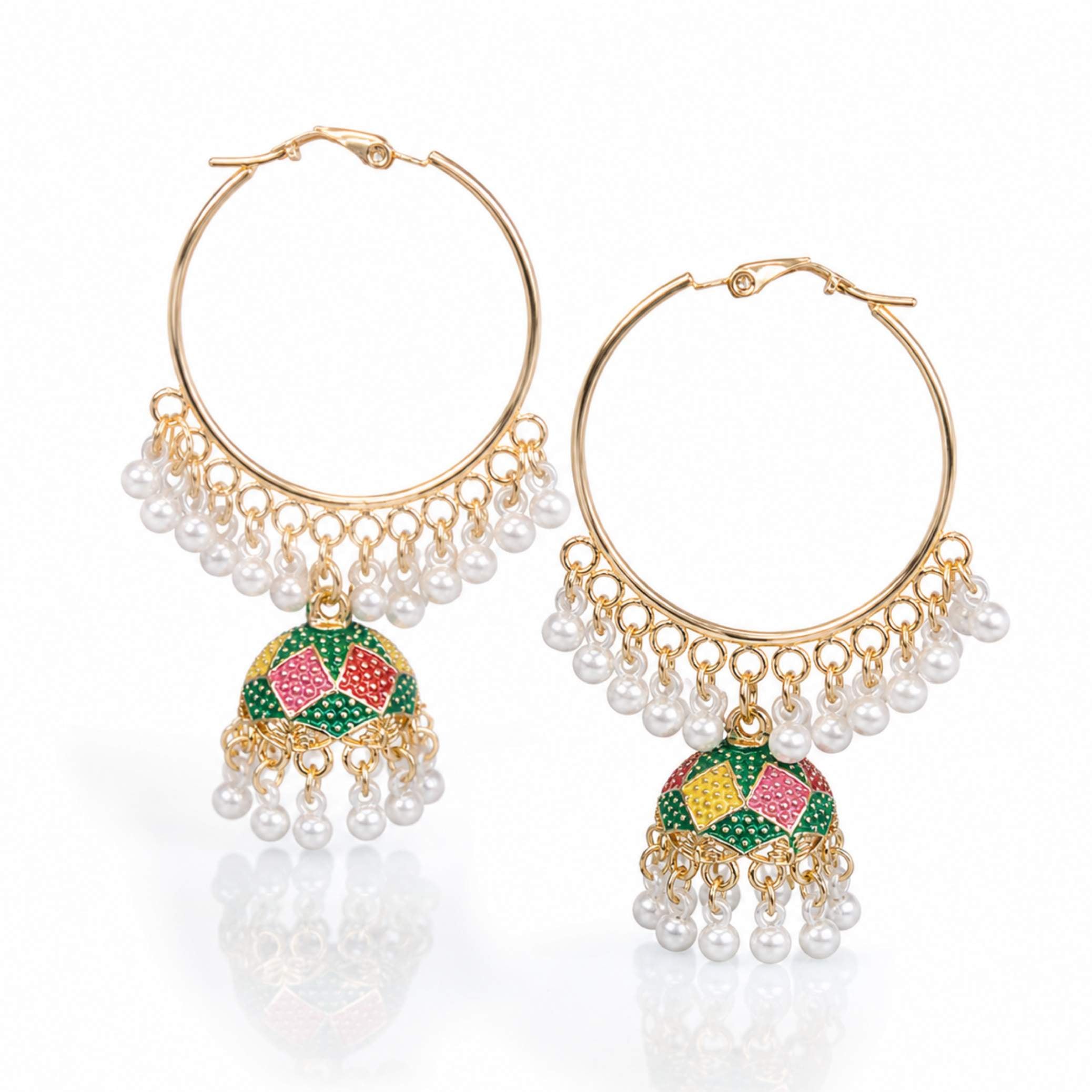 Multicolour Enamel Diamond Tile Jhumka Hoop Earrings with Pearl Drops – Silver & Gold