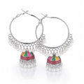 Multicolour Enamel Geometric Jhumka Hoop Earrings with Pearl Drops – Gold & Silver