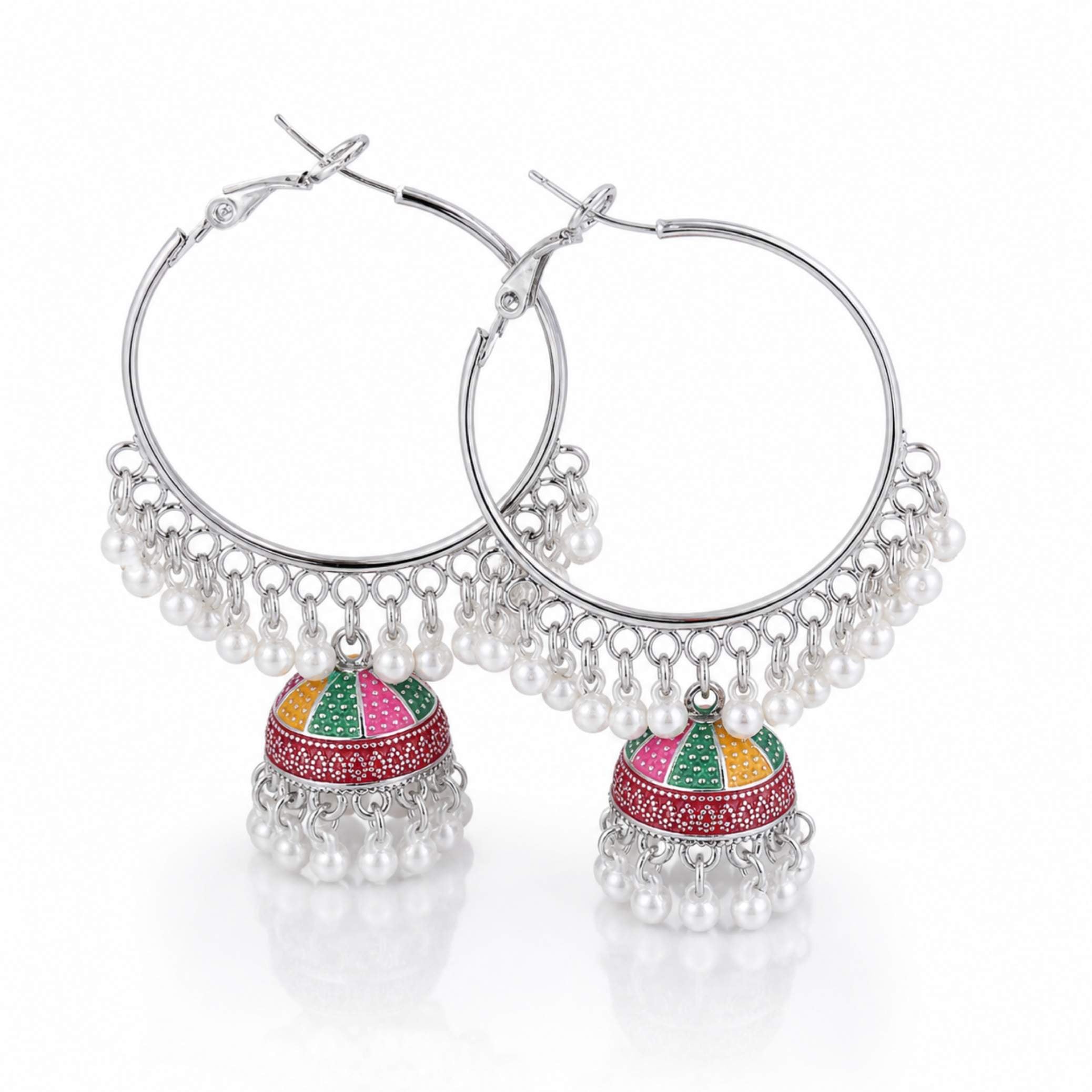 Multicolour Enamel Geometric Jhumka Hoop Earrings with Pearl Drops – Gold & Silver