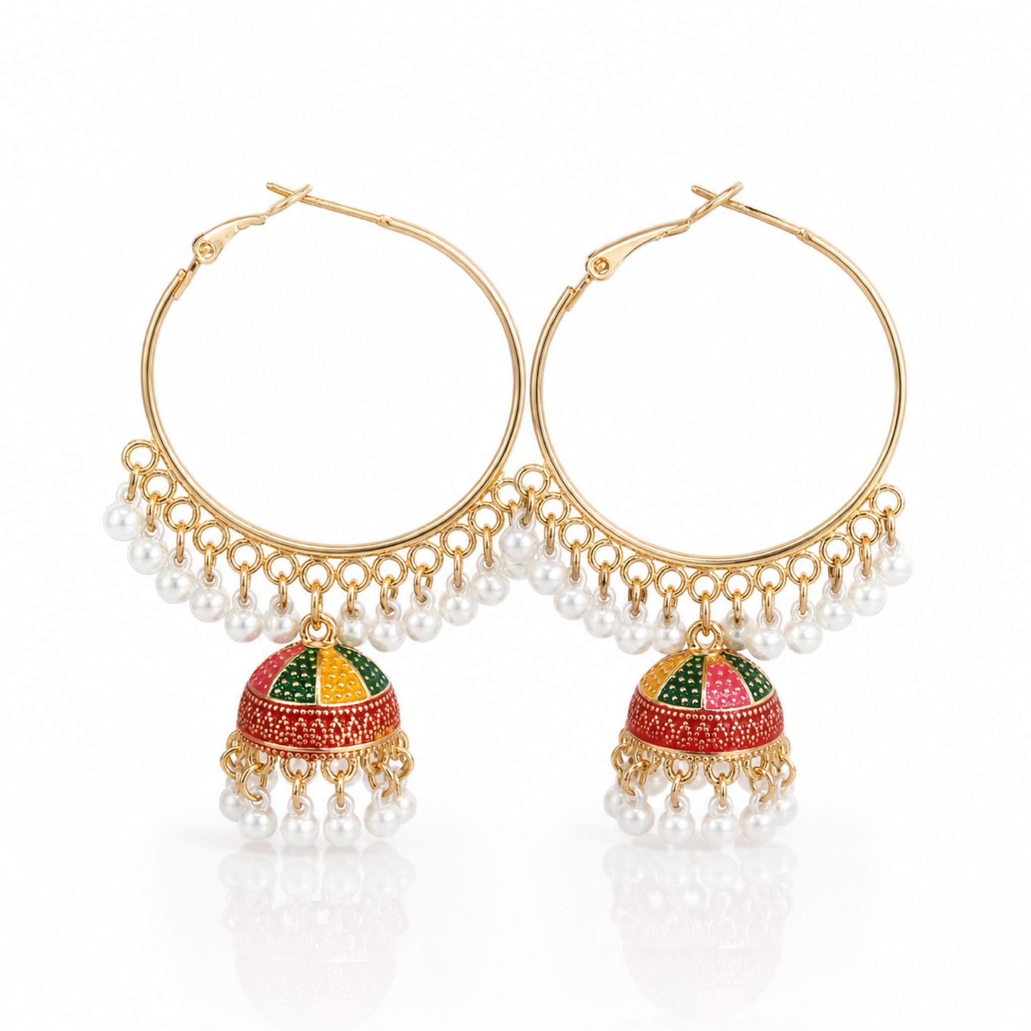Multicolour Enamel Geometric Jhumka Hoop Earrings with Pearl Drops – Gold & Silver