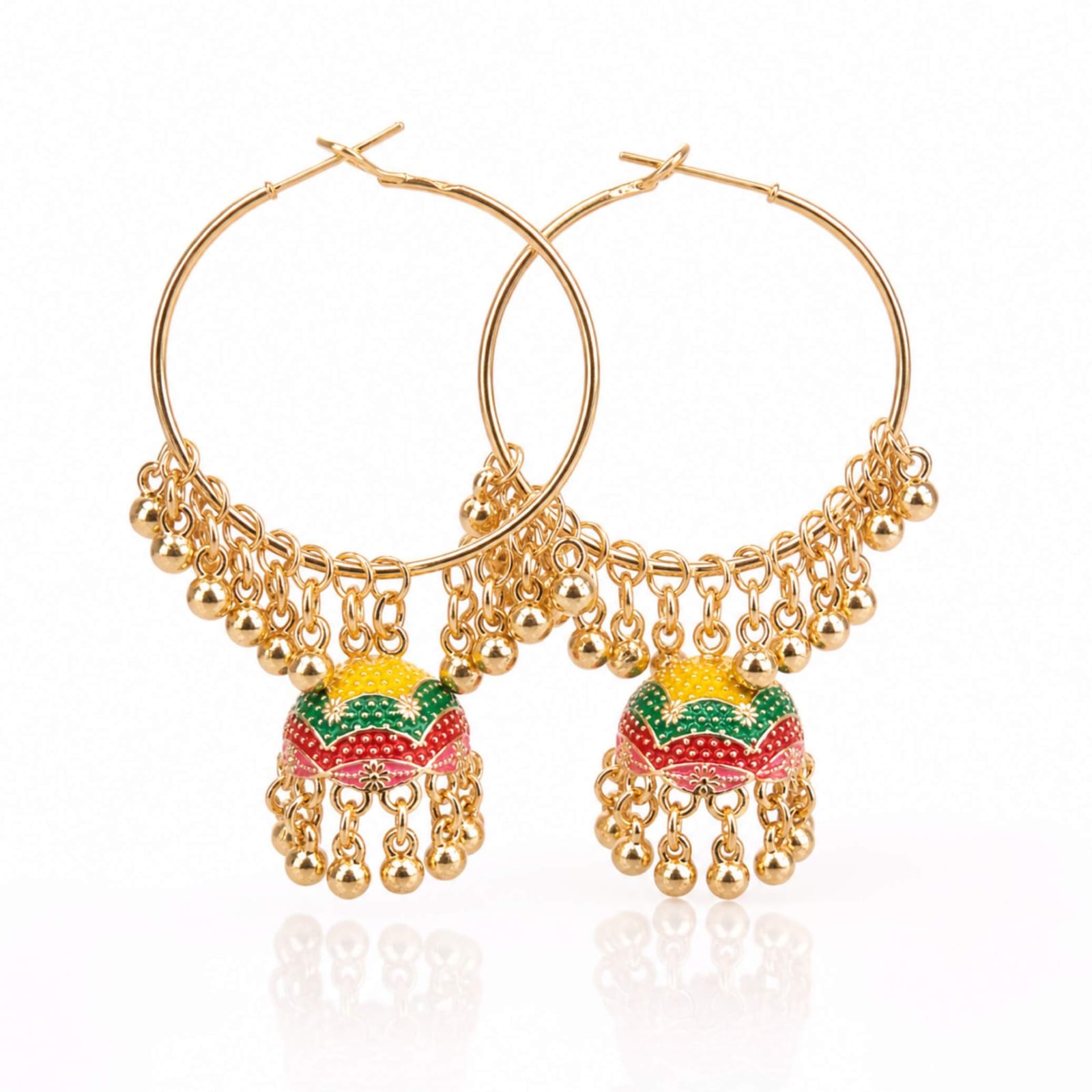 Multicolour Enamel Stripe Jhumka Hoop Earrings with Ghungroo Bead Drops – Gold & Silver