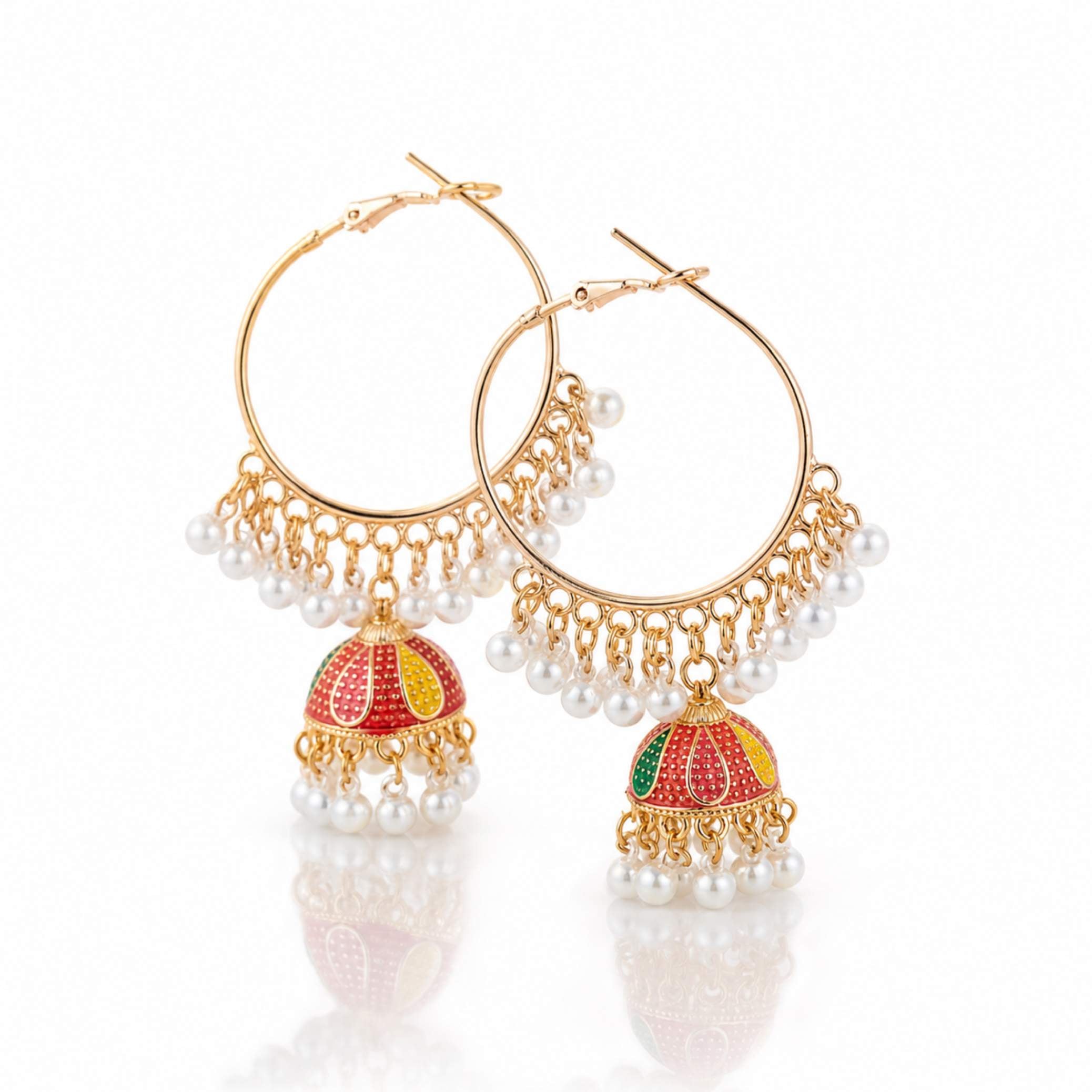 Multicolour Enamel Petal Jhumka Hoop Earrings with Pearl Drops – Gold & Silver