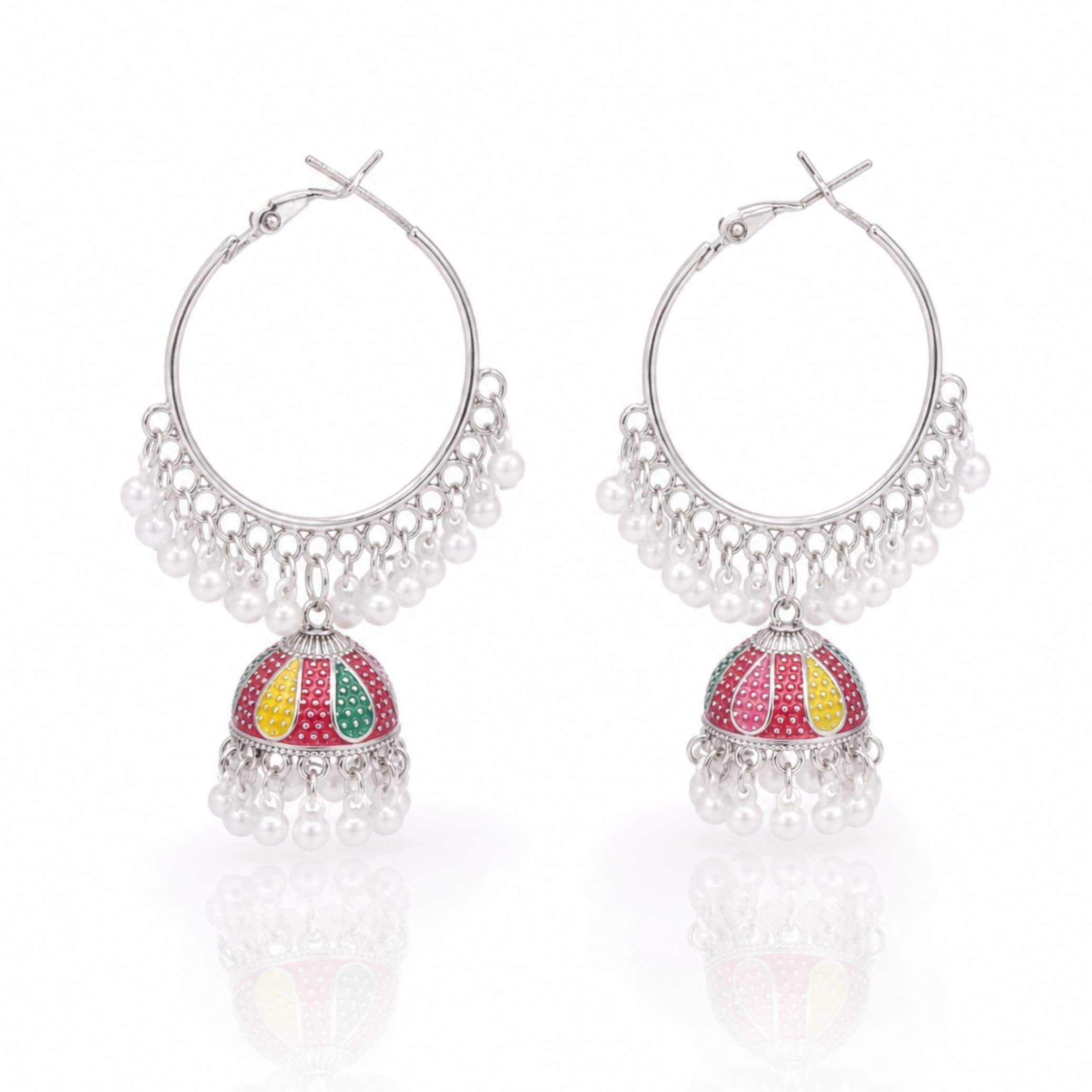 Multicolour Enamel Petal Jhumka Hoop Earrings with Pearl Drops – Gold & Silver