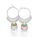 Multicolour Enamel Stripe Jhumka Hoop Earrings with Ghungroo Bead Drops – Gold & Silver