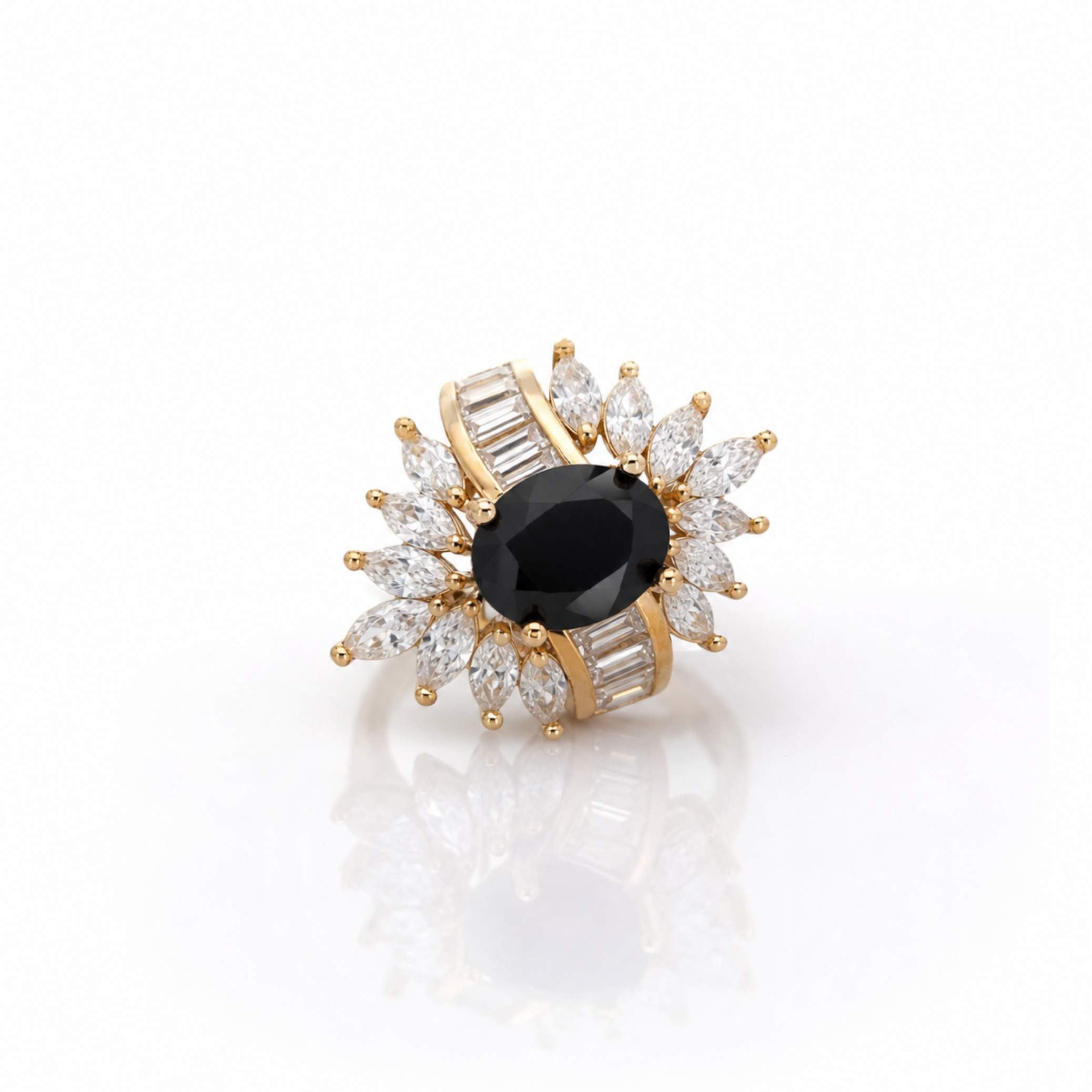 Gold Sunburst Baguette & Marquise Crystal Ring – Multiple Colours