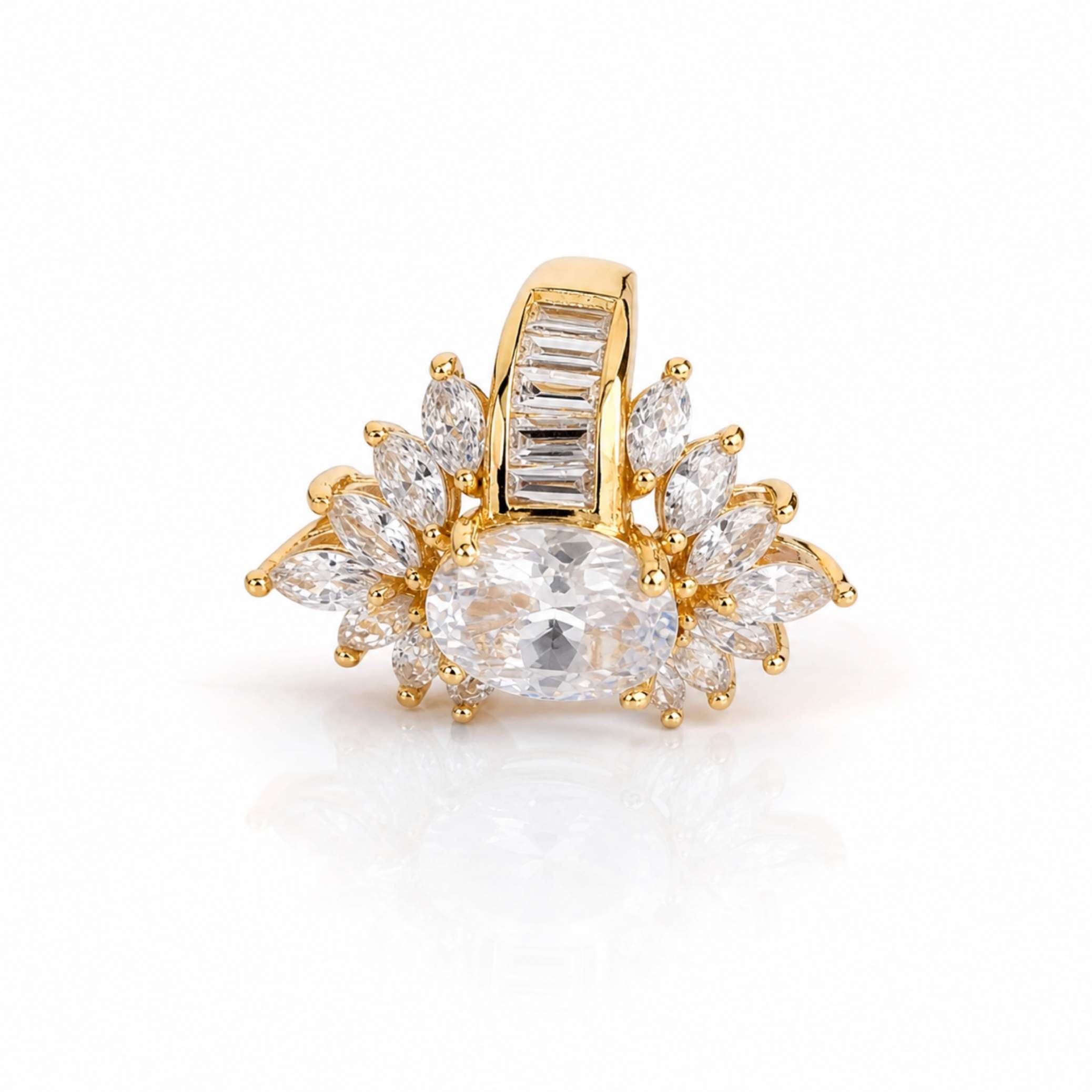 Gold Sunburst Baguette & Marquise Crystal Ring – Multiple Colours