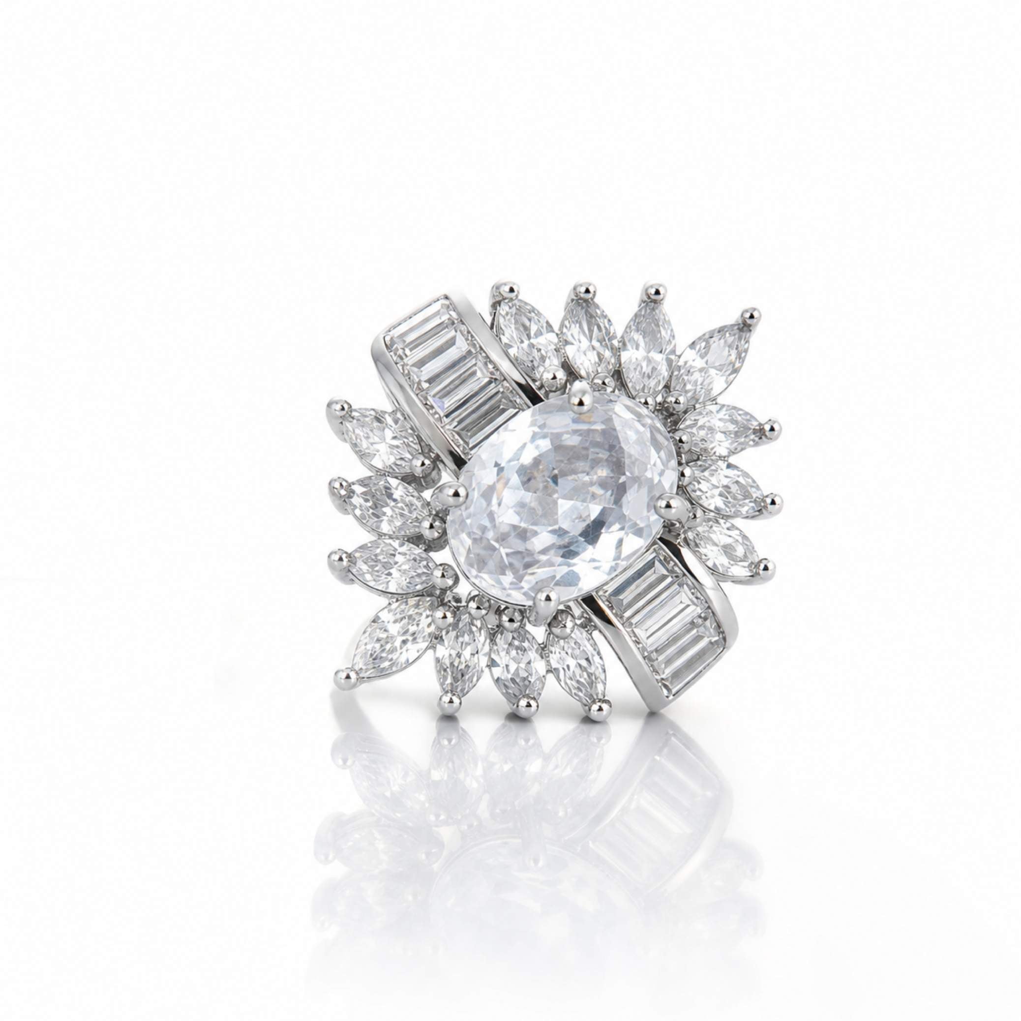Silver Sunburst Baguette & Marquise Crystal Ring – Multiple Colours