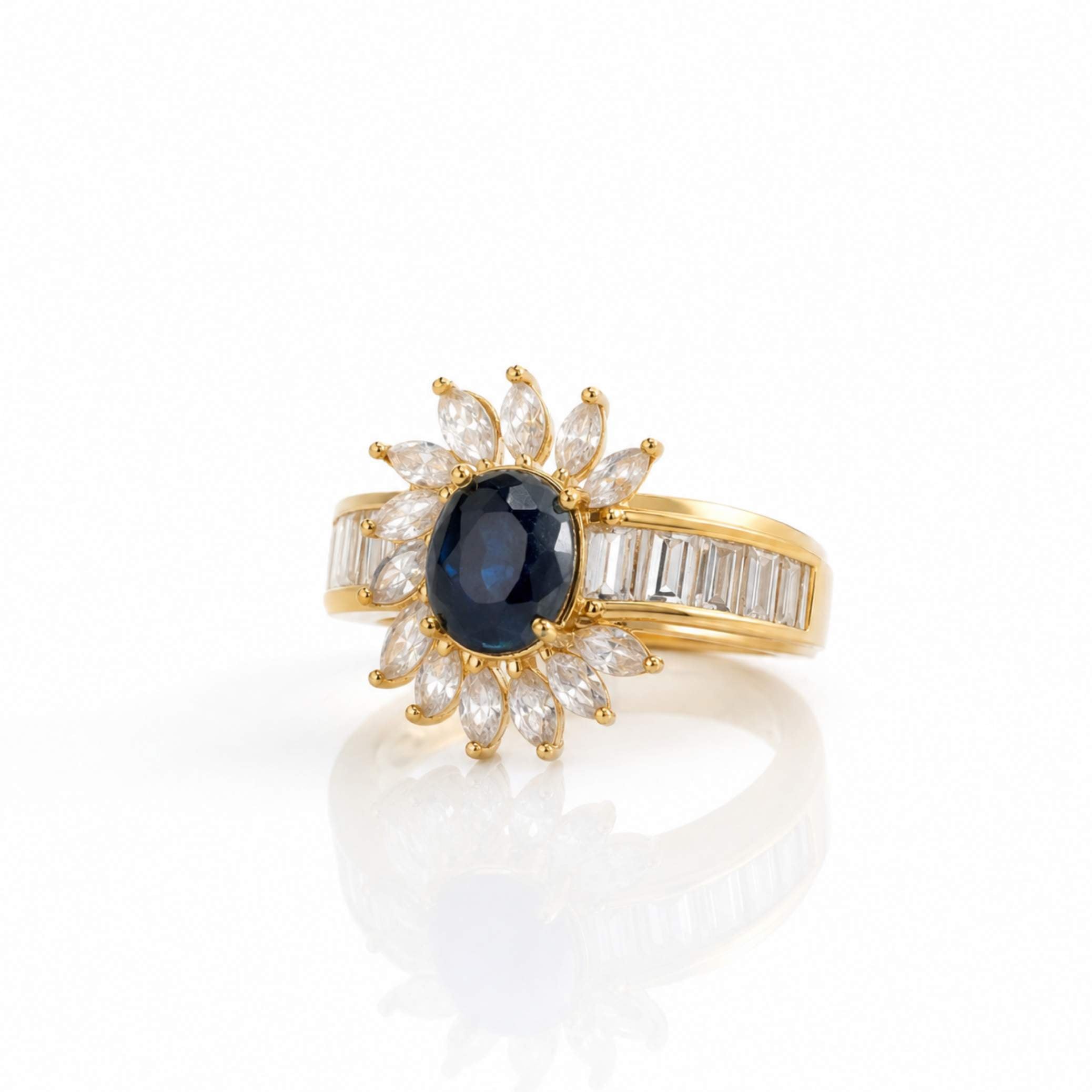 Gold Sunburst Baguette & Marquise Crystal Ring – Multiple Colours